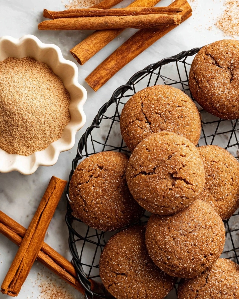 A close-up view of a group of round brown cookies with a rough texture and sugar sprinkled on top, arranged on a black wire cooling rack over a white marbled surface; to the left, a white scalloped bowl holds light brown cinnamon sugar with two cinnamon sticks inside, while more cinnamon sticks lie scattered on the wire rack near the cookies photo taken with an iphone --ar 4:5 --v 7