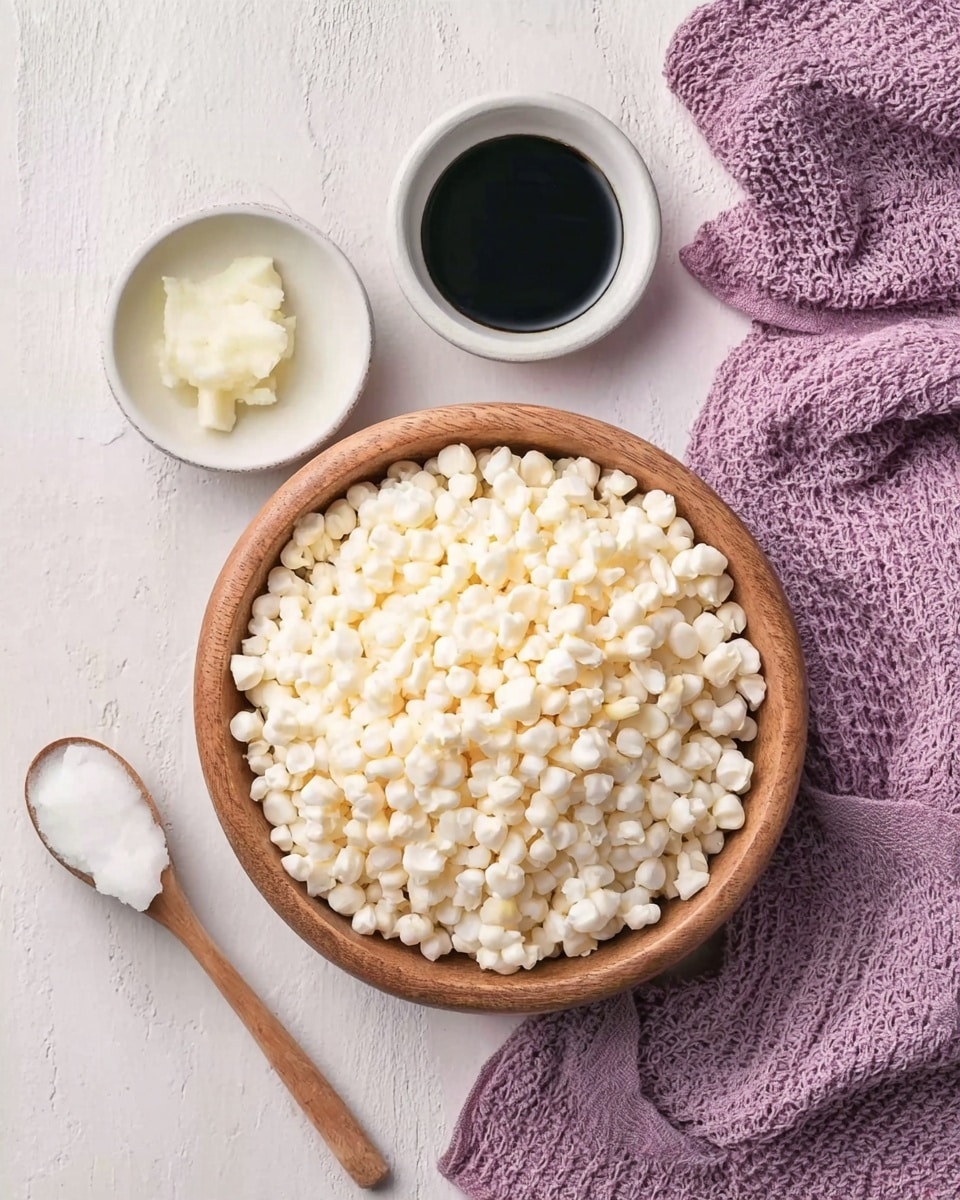The image shows a wooden bowl filled with small white popped corn kernels that are light and fluffy in texture piled high, placed on a white marbled surface. Above the bowl, there are three small white bowls: the left one holds solid white coconut oil with a smooth, dense look; the middle one contains a dark liquid, shiny and almost black; and the right one is empty, with a white ceramic spoon resting inside it. To the right of the wooden bowl, there is a soft purple towel with a subtle knitted texture. Photo taken with an iphone --ar 4:5 --v 7