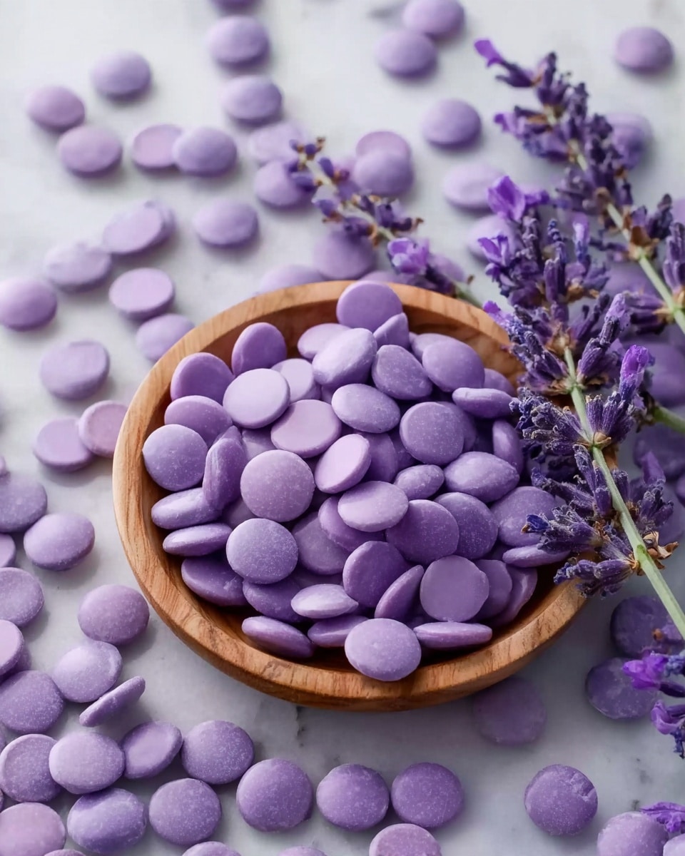A small wooden bowl filled with many smooth, round lavender-colored candy pieces, some shiny and some matte, sitting on a white marbled surface scattered with more of the same candies spread around. Bright lavender flower sprigs with purple buds lie among the candies inside and around the bowl, adding a natural touch. The whole setup feels soft and gentle with the mix of pastel purple and natural wood tones, with a clean white marbled background for contrast. Photo taken with an iphone --ar 4:5 --v 7