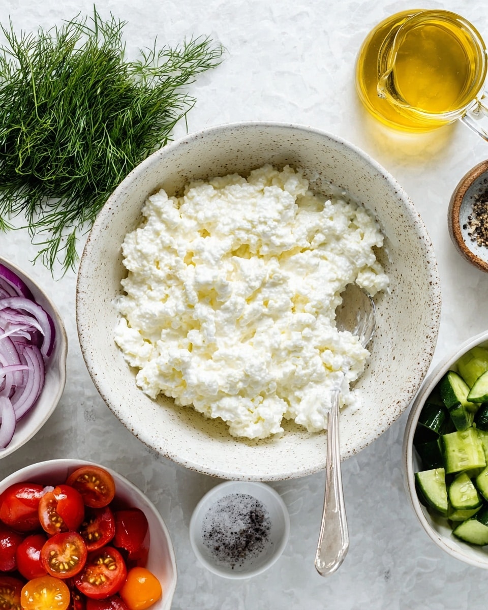 The image shows a white speckled bowl filled with creamy white cottage cheese with a spoon resting inside, partially mixing the cheese. Around the main bowl, there are smaller white bowls with bright red cherry tomatoes mixed with sliced green cucumbers and chopped purple onions, a bunch of vibrant green dill, a small clear glass container with golden olive oil, and two more white bowls containing coarse salt and black pepper. All these items are placed on a white marbled surface, giving a fresh and clean look. photo taken with an iphone --ar 4:5 --v 7