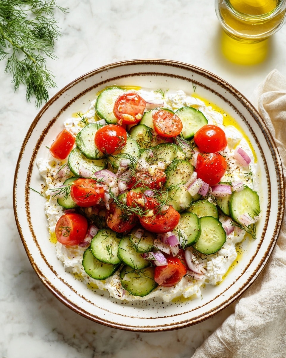 The dish is a colorful salad served in a white bowl with a brown striped rim, placed on a white marbled surface. It has three main layers: the bottom layer is creamy and white, resembling cottage cheese or ricotta, spread evenly across the bowl. On top of that, there is a mix of sliced cucumbers and halved cherry tomatoes, adding fresh green and red colors. The final layer is finely chopped red onions scattered over the salad, with some fresh green dill sprigs and a drizzle of golden olive oil. The salad is lightly sprinkled with black pepper, adding dark specks throughout. There is a glass of olive oil and some dill in the background, enhancing the fresh and natural look. Photo taken with an iphone --ar 4:5 --v 7