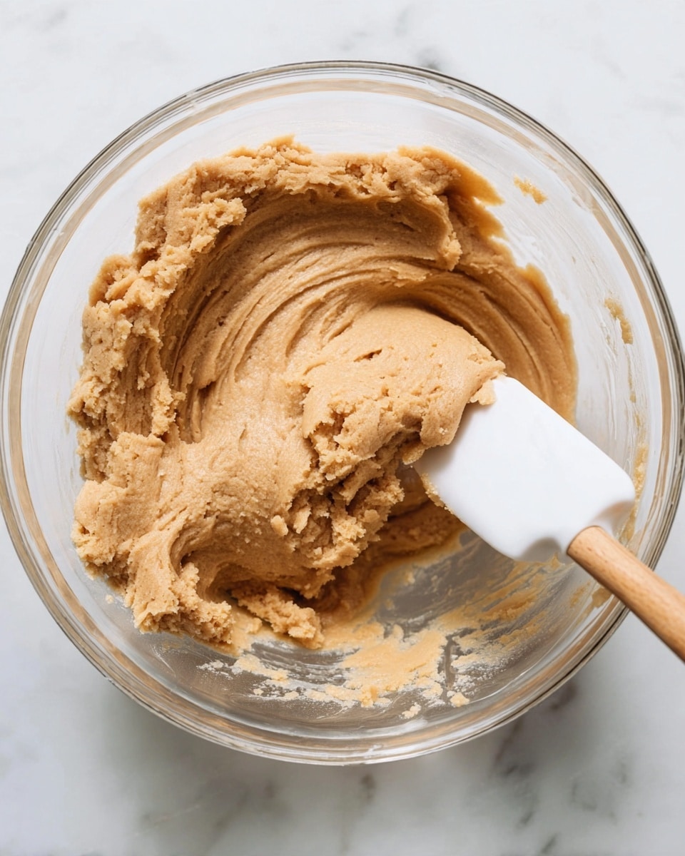 A close-up view of smooth, light brown cookie dough swirling inside a clear glass bowl, with visible soft and slightly crumbly texture. A white spatula with a wooden handle is partially submerged in the dough on the right side, slightly lifting some of it. The bowl sits on a white marbled surface. photo taken with an iphone --ar 4:5 --v 7