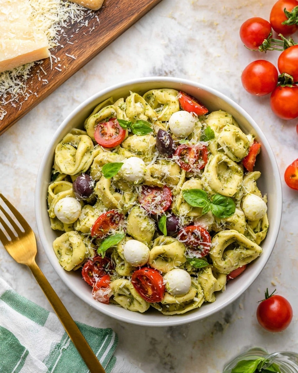 A white bowl filled with three layers of tortellini pasta coated in green pesto sauce as the base layer, mixed with halved bright red cherry tomatoes, small white mozzarella balls, and dark purple olive slices scattered evenly on top, with thin strips of fresh green basil leaves sprinkled throughout and a light dusting of grated cheese over everything, all placed on a white marbled surface with a few cherry tomatoes nearby and a wooden board with Parmesan cheese visible at the top left corner, alongside a gold fork and a white cloth with green stripes at the bottom left corner, photo taken with an iphone --ar 4:5 --v 7