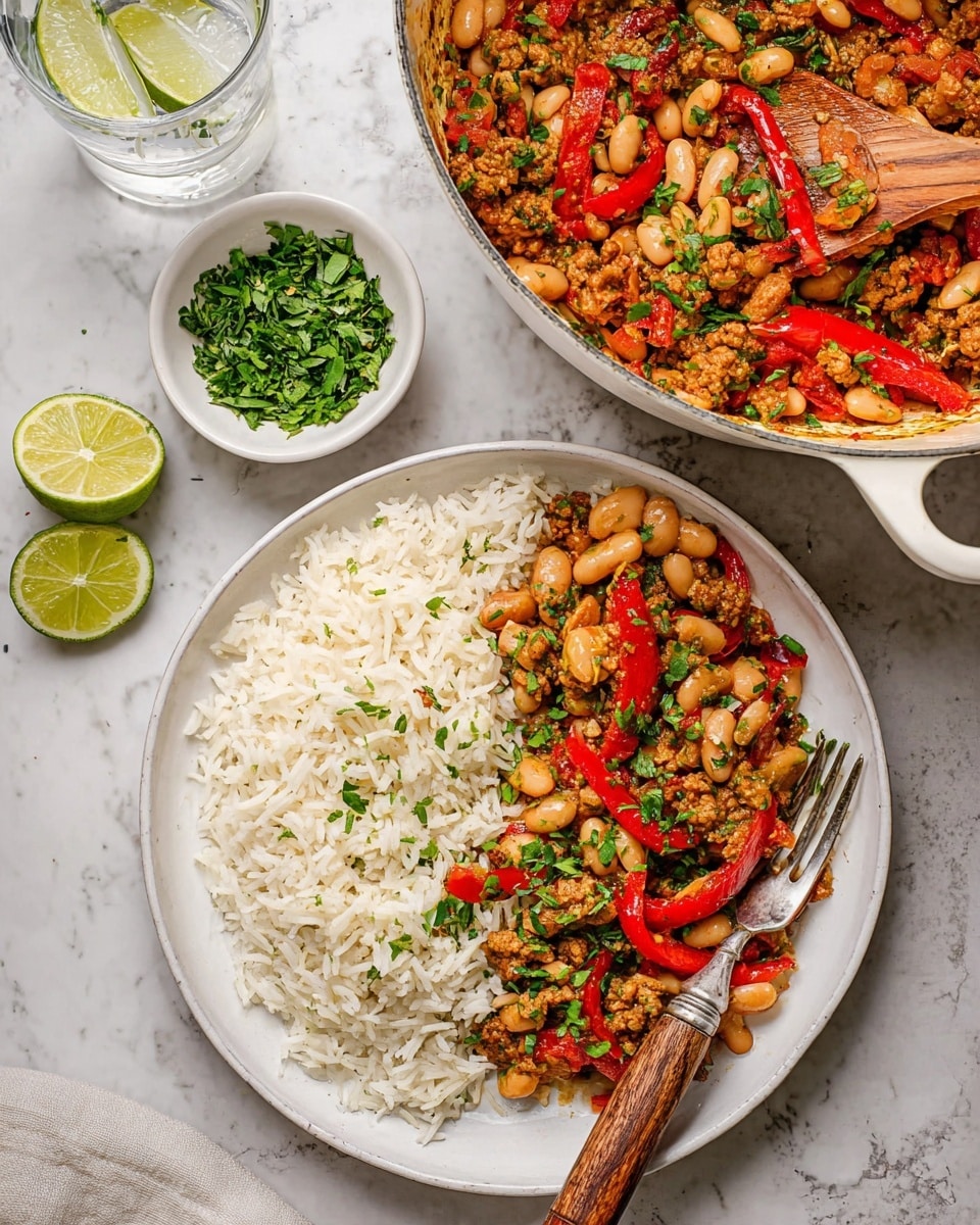 The image shows a white round plate with two layers: on the right, plain white rice with long grains and soft texture, and on the left, a colorful mix of cooked ground meat, white beans, and red bell pepper strips, all topped with chopped green herbs. Behind the plate is a white pot filled with more of the same cooked mix, showing meat, red pepper strips, and beans with herbs scattered on top. Nearby is a white bowl filled with finely chopped green herbs and a wooden spoon resting in it. A glass of ice water with a lime slice is placed close to the plate, along with two lime halves on a white marbled surface. A fork with a wooden handle is placed on the edge of the plate, next to the rice photo taken with an iphone --ar 4:5 --v 7
