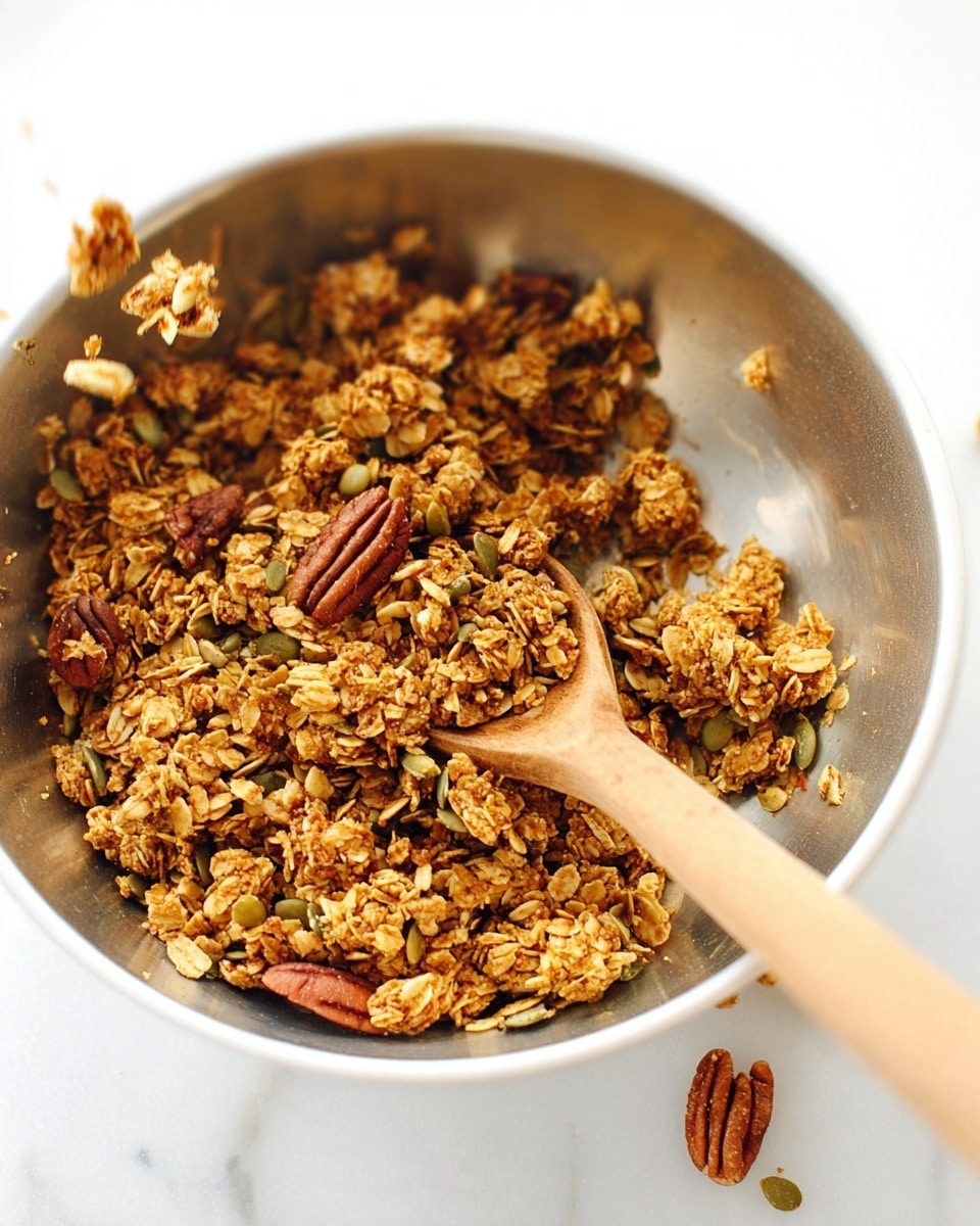 A white bowl is filled with golden brown granola mixed with whole pecans and pumpkin seeds, showing a crunchy and uneven texture. A wooden spoon rests inside the bowl with its handle pointing outward. The granola clusters are irregular in size, some pieces flying slightly above the bowl's edge. The background is a white marbled surface. Photo taken with an iphone --ar 4:5 --v 7