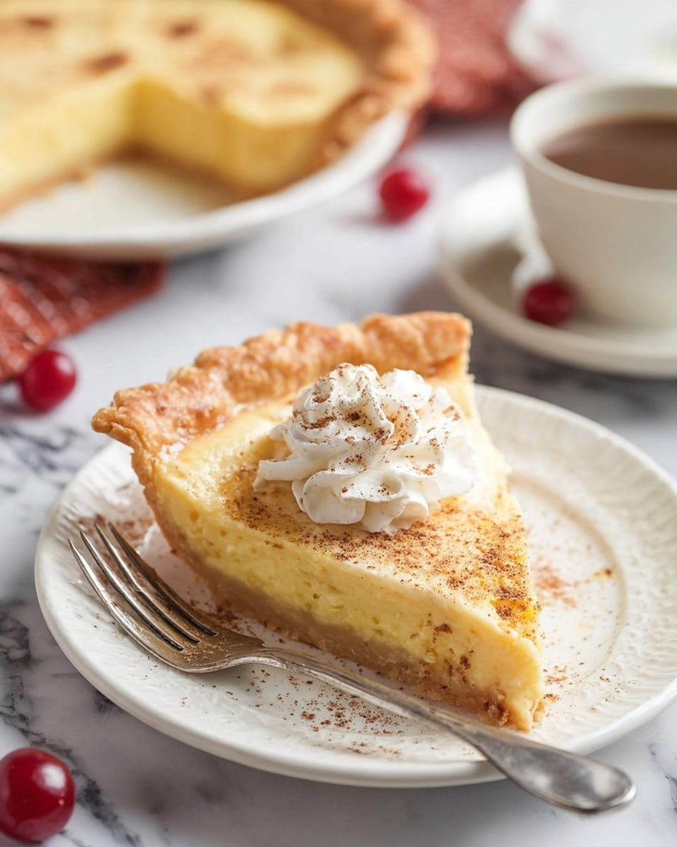 A slice of light golden pie with a flaky crust sits on a white plate with a subtle embossed pattern. The pie has two main layers: a thick, creamy yellow filling with some darker spots near the middle and a slightly browned top layer that looks smooth but with a textured edge where the crust meets the filling. On top of the slice is a swirl of white whipped cream sprinkled with light brown cinnamon powder. A silver fork rests next to the slice on the plate. In the background, more pie is on a white plate, a few red cherries are scattered around, and a white cup with a dark drink is partly visible. The surface beneath everything is white marble. Photo taken with an iphone --ar 4:5 --v 7