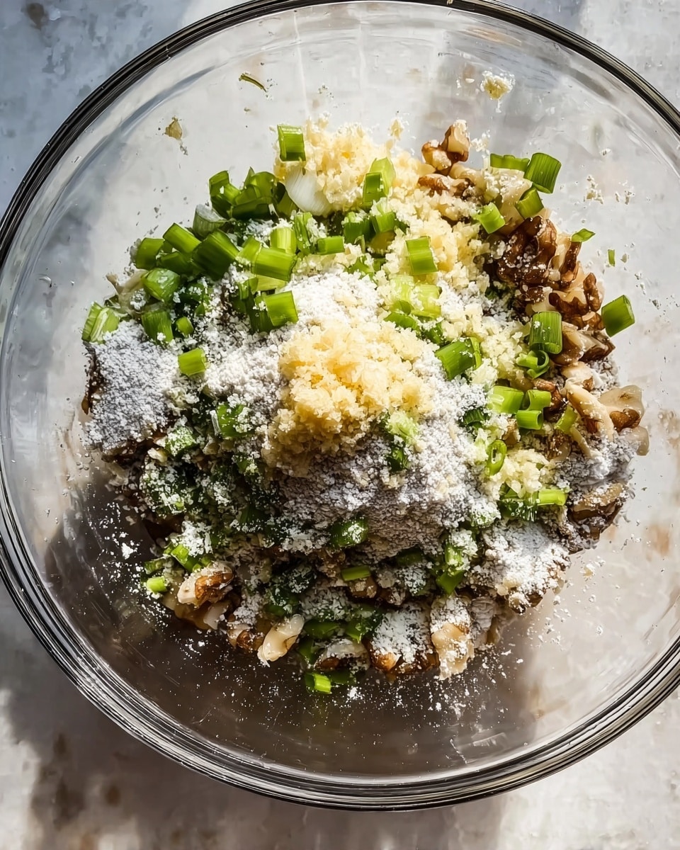 A transparent bowl holds a mix of ingredients with visible layers: at the bottom, finely chopped walnuts in light brown and cream tones; scattered over them are bright green sliced scallions; on top, a heap of pale yellow minced garlic sits center; a light dusting of white powder, likely flour or seasoning, covers parts of the mix. The bowl rests on a white marbled surface with soft tinted shadows around the edges. Photo taken with an iphone --ar 4:5 --v 7