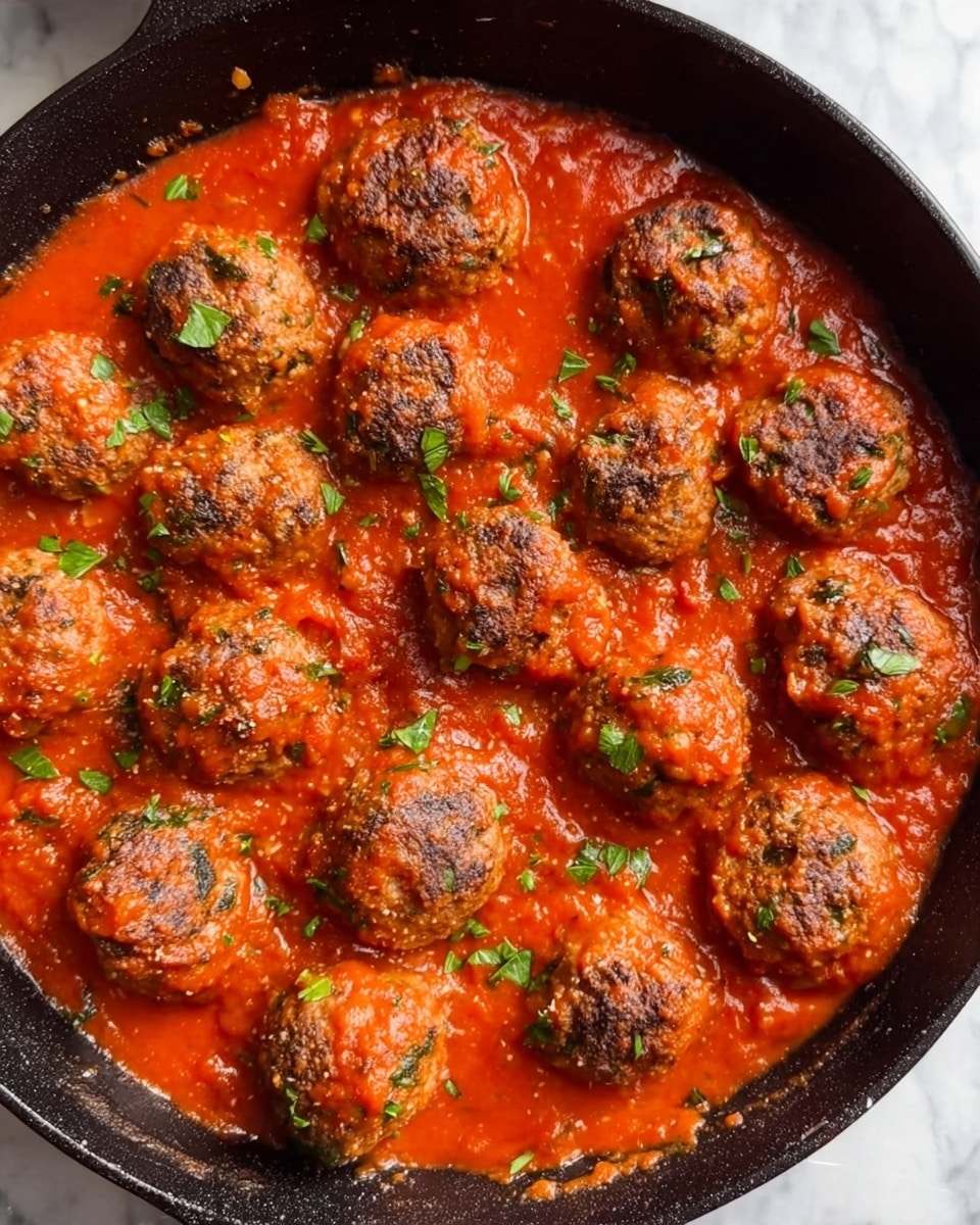The image shows a black cast iron pan filled with round, brown meatballs covered in a thick, bright red tomato sauce. The meatballs are evenly spaced and topped with small bits of green herbs, giving a fresh touch. The sauce has a rich texture with visible herbs and spices mixed in. The pan sits on a white marbled surface, adding contrast to the vibrant colors of the food. photo taken with an iphone --ar 4:5 --v 7