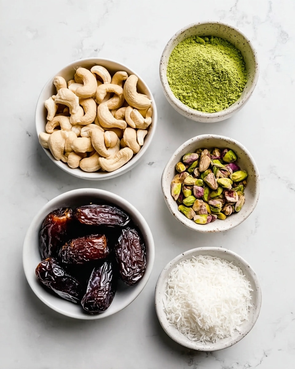 The image shows six small white bowls placed on a white marbled surface. One bowl is filled with light beige cashew nuts, arranged neatly. Another bowl contains a bright green powder, smooth and finely ground. A third bowl holds several dark brown, shiny dates with a slightly wrinkled texture. There is a small bowl with white shredded coconut, fluffy and soft. Another bowl is filled with shelled pistachios in shades of green and light brown, some pieces showing texture. The last bowl is filled with a white solid fat or coconut oil, smooth and creamy. All bowls are spaced evenly. Photo taken with an iphone --ar 4:5 --v 7