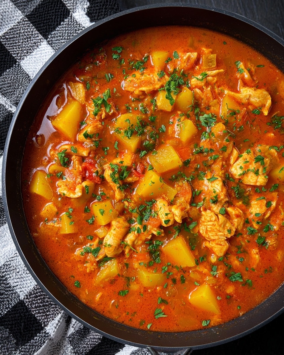 A black pan filled with rich orange-red stew, featuring tender, irregular chunks of light orange chicken and medium yellow diced potatoes scattered throughout. The stew has a thick, smooth texture with visible oil droplets and small bits of tomato. Bright green chopped herbs are evenly sprinkled all over the top, adding contrast and a fresh look. The pan rests on a dark surface next to a black and white checkered cloth. photo taken with an iphone --ar 4:5 --v 7