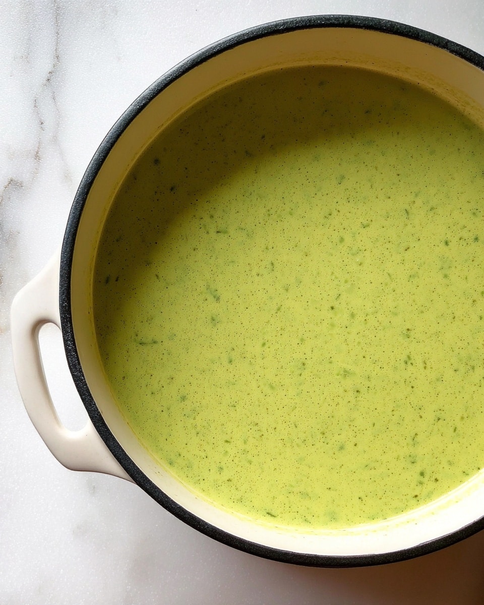 A close-up view of a single-layer soup in a white pot with a black rim, filled with smooth, light green soup containing small darker green bits, sitting on a white marbled surface, showing the pot handle on the left side photo taken with an iphone --ar 4:5 --v 7