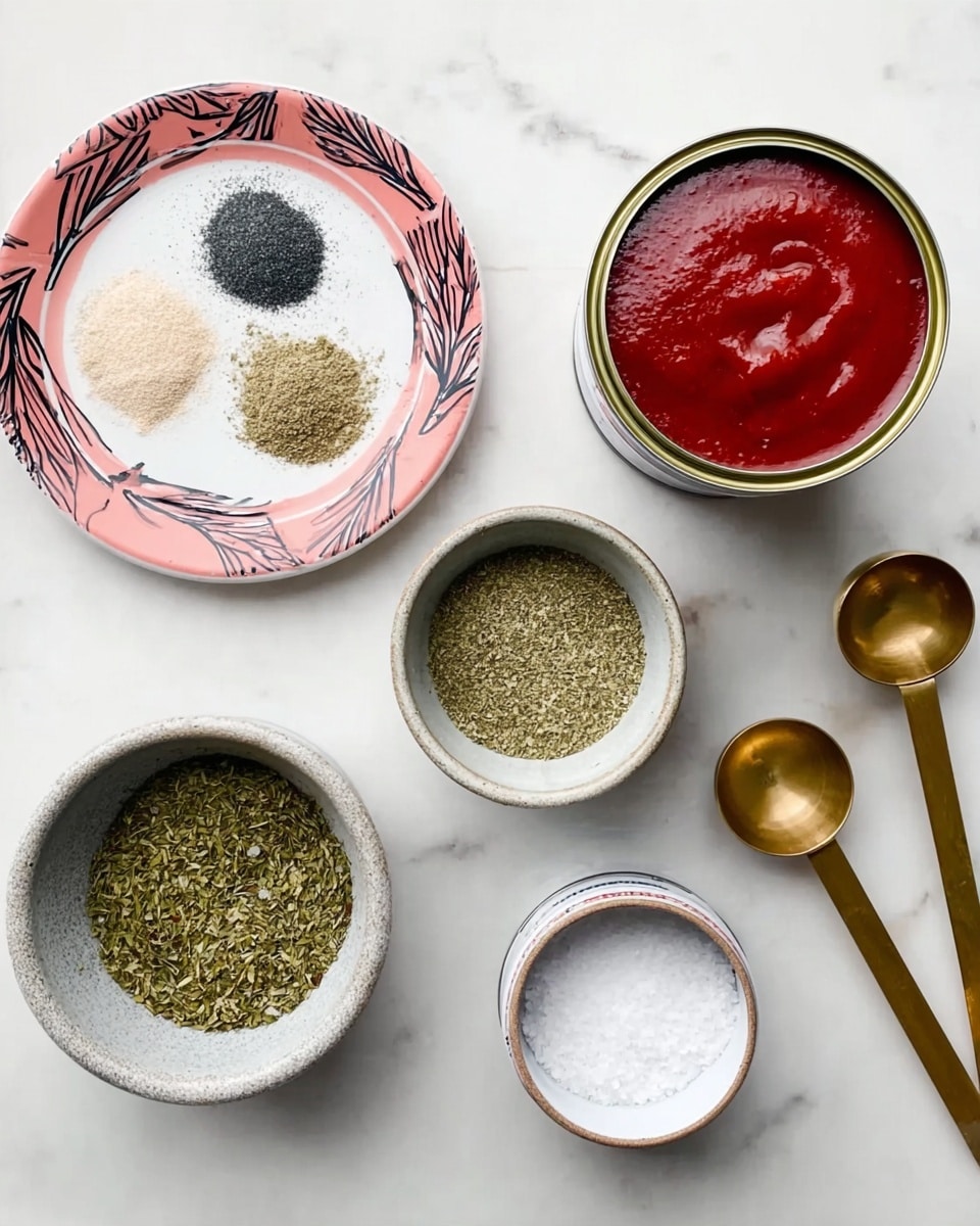 The image shows seven containers arranged on a white marbled surface. Starting from the top left, there is a round white plate with a pink rim and a black leaf pattern, holding small piles of four different powdered spices in light beige, black, and off-white colors. Below it on the left is a small round bowl filled with dried green herb leaves with a rough texture. To its right is a slightly smaller light grey bowl with a finer green herb spice inside. Below this is a very small round bowl with white salt. On the rightmost side near the bottom is an open white can filled with thick, smooth dark red paste. Above it is another open white can with a bright red liquid sauce. Finally, next to the cans on the far right, there are two golden measuring spoons with wooden handles placed on the surface. photo taken with an iphone --ar 4:5 --v 7