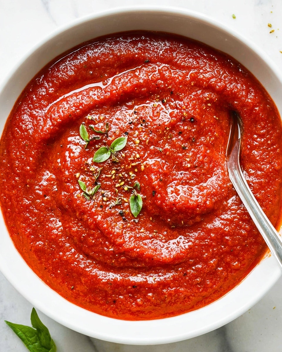 A close-up top view of a white bowl filled with thick, bright red tomato sauce that has a slightly coarse texture. The sauce is swirled in the bowl, creating gentle wave patterns and small peaks. A silver spoon rests inside the bowl on the right side, partially submerged in the sauce. Small green leaves and a sprinkle of dried herbs are placed on the surface of the sauce as decoration. The bowl is set on a white marbled surface. Photo taken with an iphone --ar 4:5 --v 7