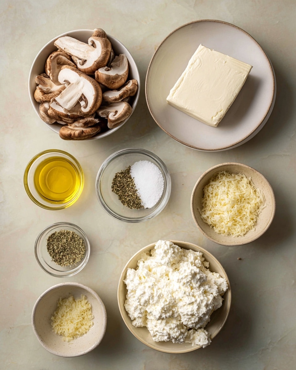 The image shows six small white bowls on a white marbled surface, each with different ingredients. The top left bowl is filled with several layers of sliced brown mushrooms, showing soft white and brown textures. To its right, a square block of creamy white cheese sits on a plain white plate, smooth with slight textures on top. Below the mushrooms, a small bowl holds golden yellow olive oil with a shiny surface. Next to it is a small glass bowl with two layers: coarse white salt and green dried herbs. Lower down, a small beige bowl contains a single layer of finely chopped light yellow garlic. To the left of the garlic, a larger white bowl is piled high with a fluffy white cheese that has a soft and slightly uneven texture. photo taken with an iphone --ar 4:5 --v 7