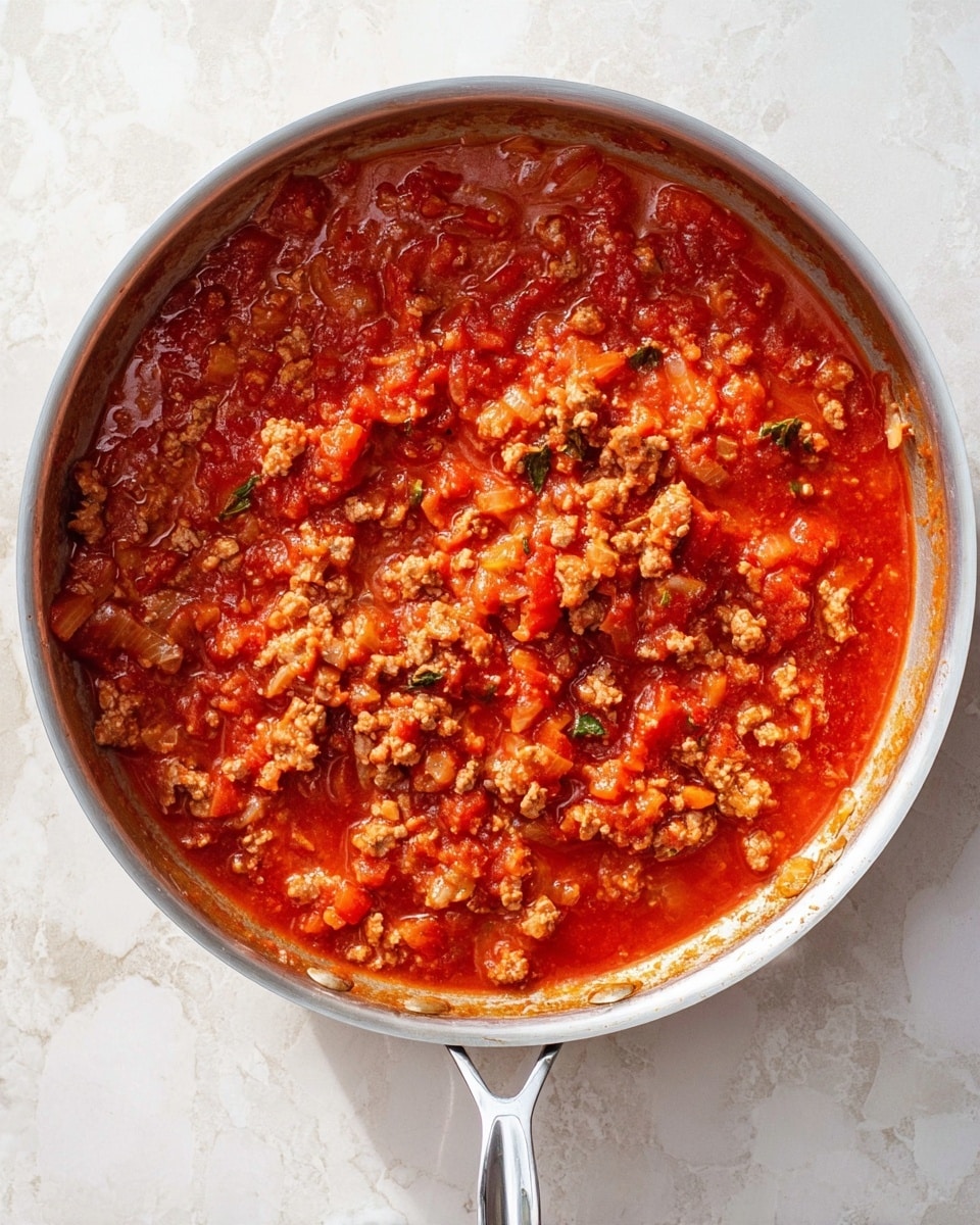 In a silver pan with a long handle, there is a thick layer of bright red tomato sauce mixed with ground meat and pieces of onion. The sauce looks chunky with bits of meat that are light brown and some green herbs scattered around. The pan is placed on a white marbled surface, and the sauce fills most of the pan evenly, showing a rich and hearty texture. photo taken with an iphone --ar 4:5 --v 7