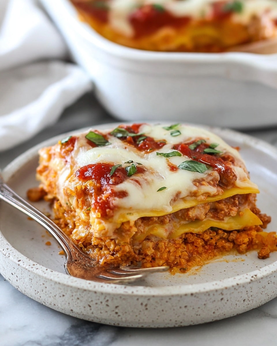 The image shows a close-up of a slice of lasagna on a white plate with a speckled edge. The lasagna has three visible layers: the bottom layer is a thick, orange-tinted meat sauce mixed with some kind of grain or crumbled texture; the middle layer is a wide yellow pasta sheet; and the top layer is melted white cheese with dollops of bright red tomato sauce and small green basil pieces sprinkled on top. The slice is slightly saucy on the side and is accompanied by a silver fork resting on the plate. The background is a white marbled texture with a white baking dish partially visible, also holding more lasagna. Photo taken with an iphone --ar 4:5 --v 7
