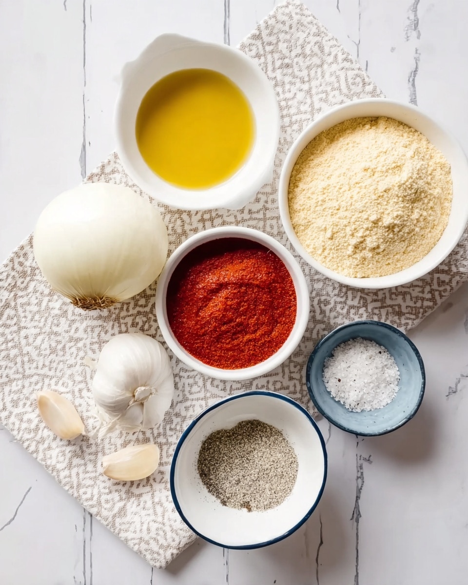 The image shows six white bowls and one half onion arranged on a white and light beige geometric cloth over a white marbled surface. The top right bowl is filled with pale yellow flour, below it a bowl contains a bright red spice powder. To the left, a bowl holds yellow oil, and in the middle, a smaller bowl contains deep red tomato paste. A white onion half sits on the cloth to the left of the tomato paste bowl, and below the onion are three cloves of garlic. On the right, a white bowl with a blue rim holds a mix of white salt, black pepper, and a light gray powder. The neat layout highlights the contrasting colors and textures of the dry and wet ingredients photo taken with an iphone --ar 4:5 --v 7