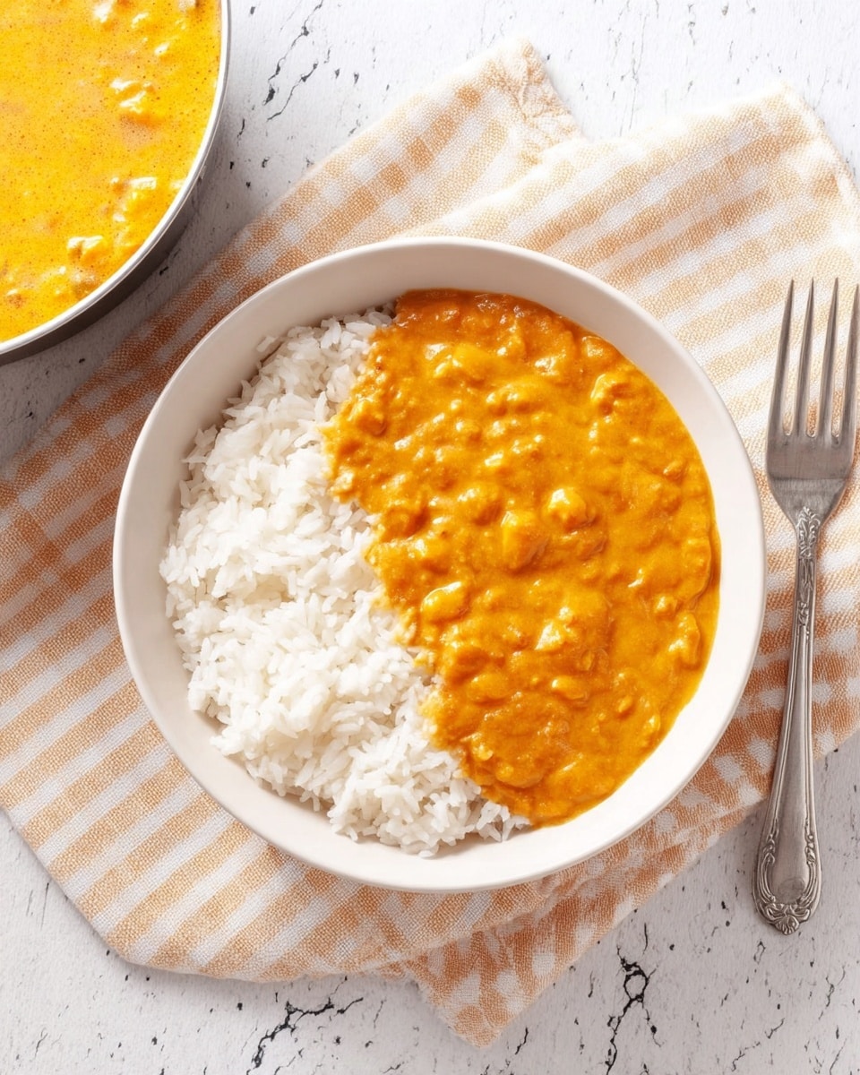 A white bowl on a beige and white checkered cloth holds two layers: fluffy white rice on the right side and thick orange-yellow curry sauce covering the left side, with a creamy texture and small chunks visible. To the right of the bowl is a silver fork with a detailed handle, resting on the cloth. The background shows a white marbled texture, with a partial view of a pot filled with the same orange curry on the left edge. Photo taken with an iphone --ar 4:5 --v 7