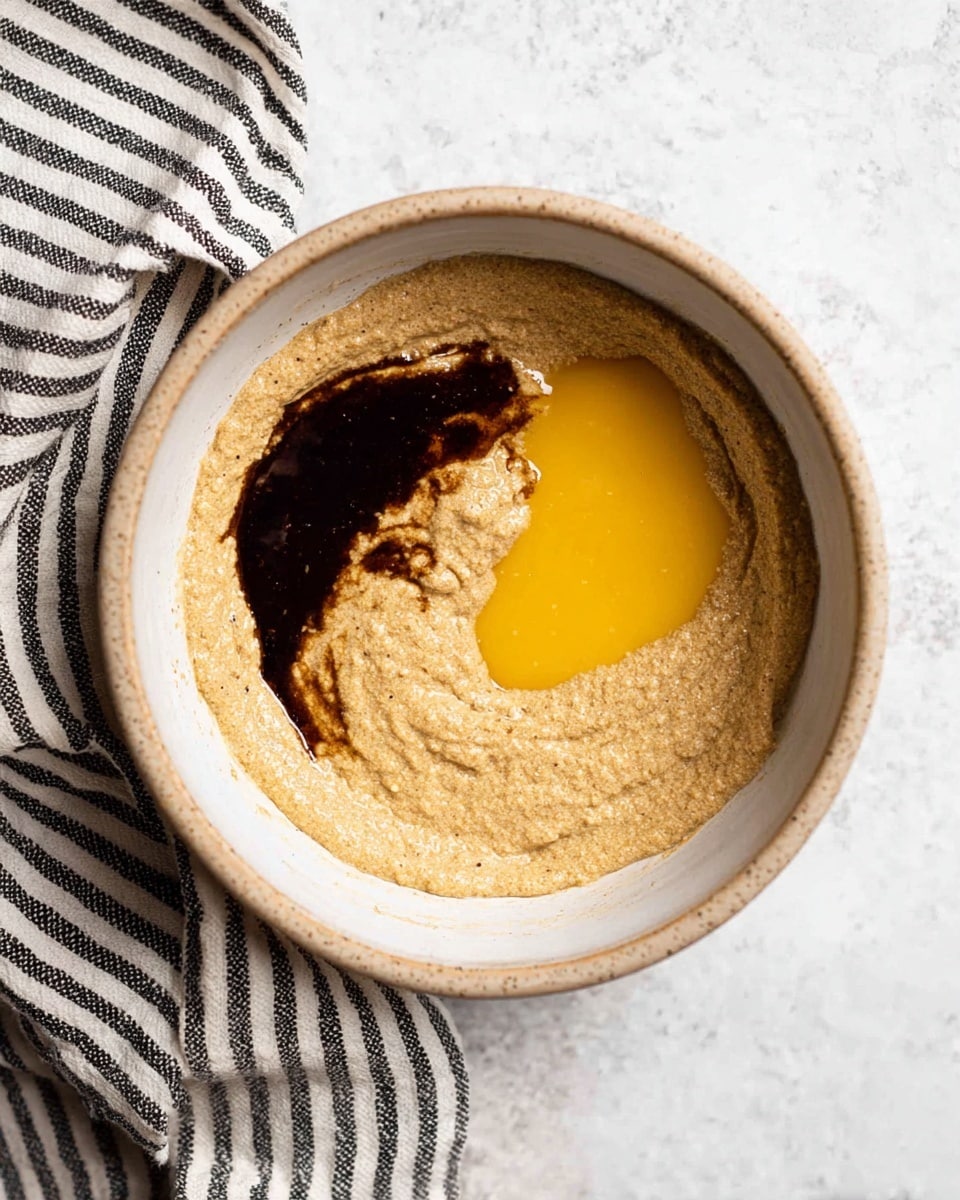 A white bowl filled with a thick light brown creamy mixture as the base layer, with two separate pools of liquid on top: one dark brown and shiny on the left, and one bright yellow and smooth on the right. The bowl is placed on a white marbled surface, with a black and white striped cloth loosely folded nearby. The texture of the creamy mixture looks soft and dense, while the liquids sit smoothly on the surface. Photo taken with an iphone --ar 4:5 --v 7