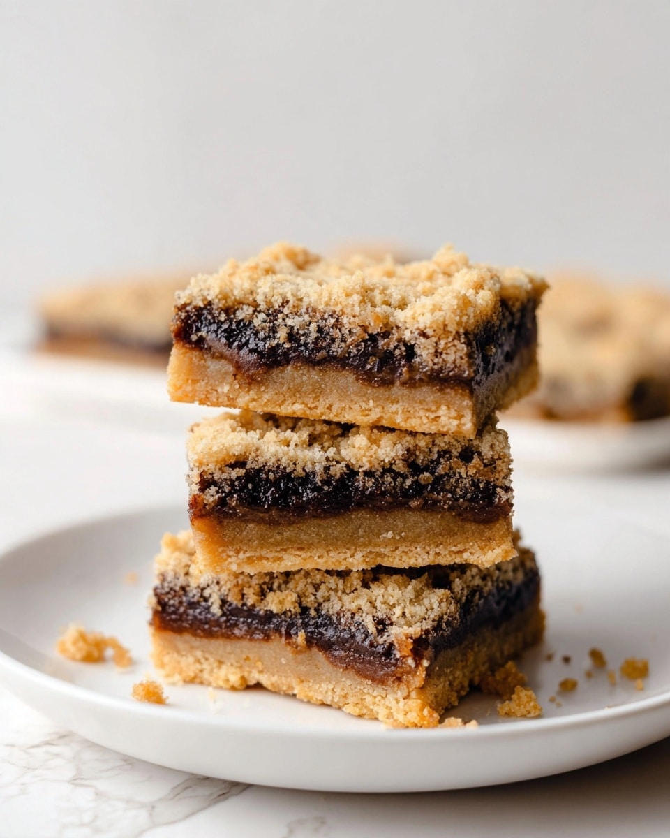 The image shows three square bars stacked on a white plate with a white marbled surface in the background. Each bar has two layers: the bottom layer is a thick, golden brown crumbly base with a rough texture, and the top layer is a dark, rich filling that looks dense and slightly sticky, with tiny visible chunks mixed in. The bars have clean edges and a crumbly top surface, with some small crumbs scattered on the plate near the bars. The photo taken with an iphone --ar 4:5 --v 7