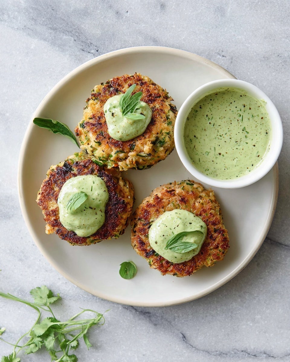 The image shows a white round plate with three golden-brown patties arranged in a triangle on a white marbled surface. Each patty has a dollop of light green sauce with visible herb specks on top, garnished with a small green leaf. To the top right of the plate, there is a small white bowl filled with the same green sauce. A sprig of fresh green herbs is placed next to the bottom left patty, adding a fresh touch. The patties have a textured surface with bits of green herbs and are slightly charred on one side. photo taken with an iphone --ar 4:5 --v 7