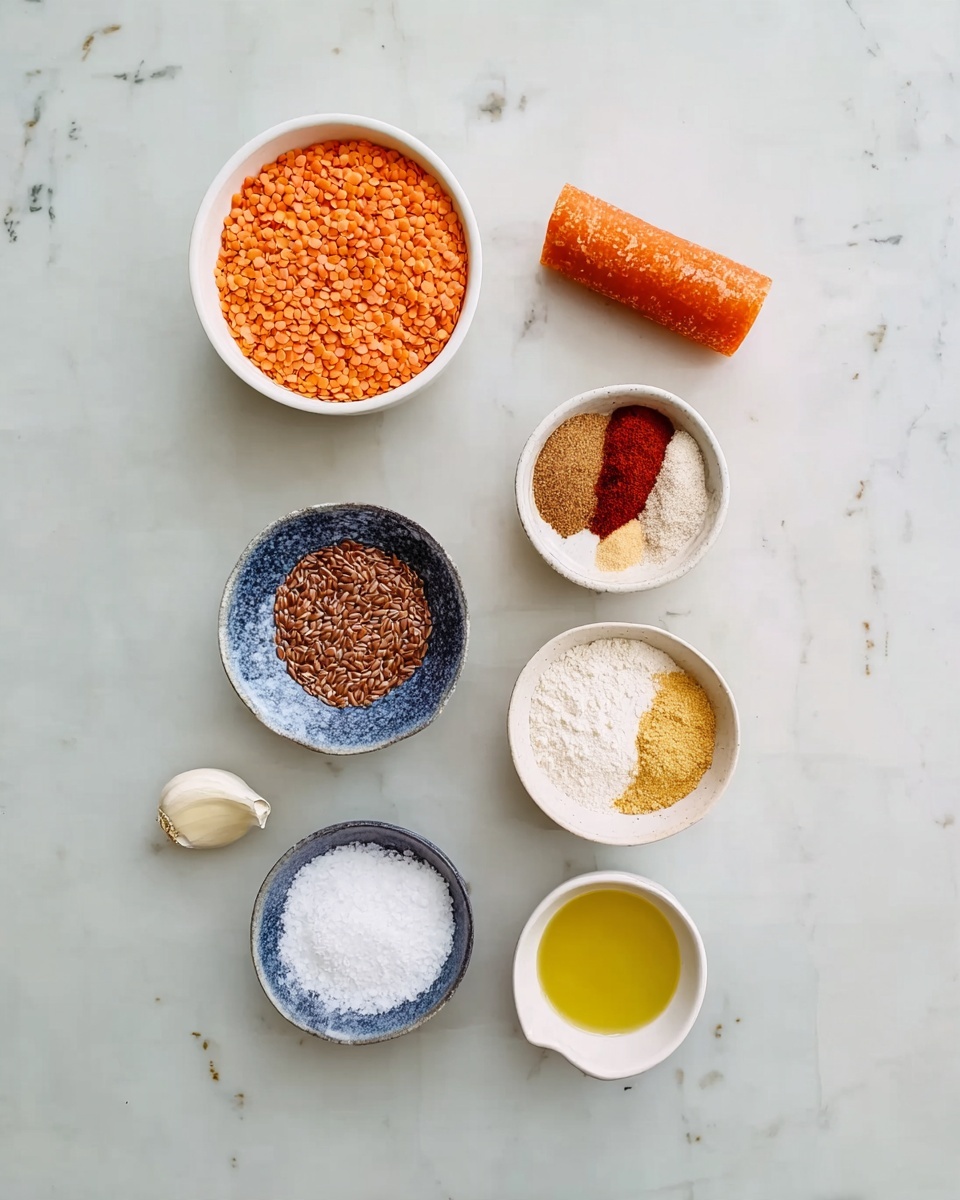 The image shows seven bowls and ingredients placed on a white marbled surface. The left side has a white bowl filled with orange lentils on top, below it a white bowl with brown flax seeds, then a small section of a peeled carrot, and a single garlic clove near the bottom. On the right side, from top to bottom, there is a white bowl with three different powdered spices in separate sections reddish-brown, white, and yellowish powders; below it a white bowl with a small amount of salt; under that, a white bowl with white baking powder; and at the bottom, a small white cup filled with a yellowish liquid, possibly oil. The bowls and cups have clean, simple designs, and everything is neatly arranged in two vertical columns. photo taken with an iphone --ar 4:5 --v 7