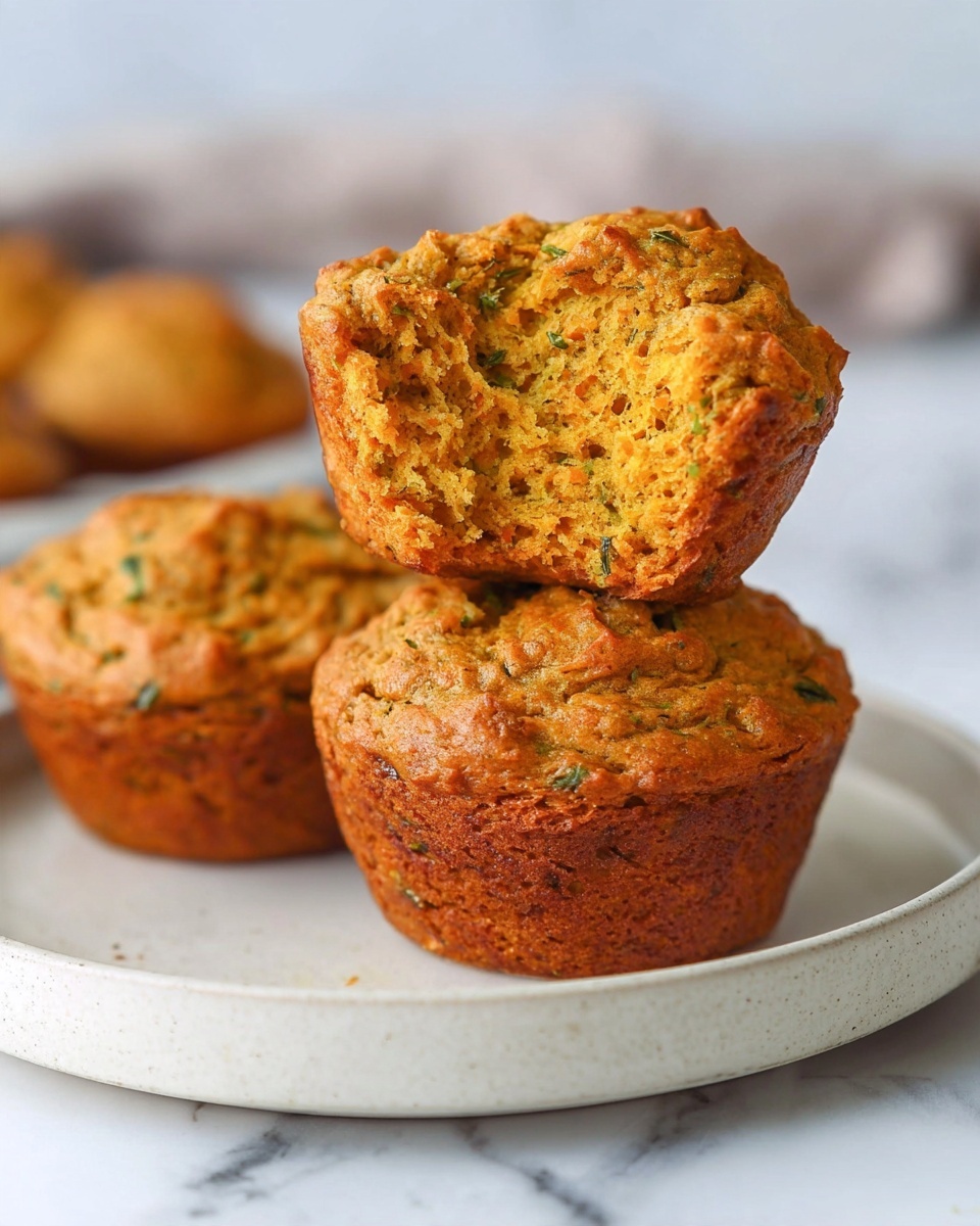 The image shows three brownish-orange muffins with green specks inside them, placed on a round white plate. One muffin is stacked on top of another and has a bite taken from it, revealing a soft, crumbly inside with the same orange and green colors. The muffins have a rough, textured surface and slightly uneven tops. The plate is set on a white marbled surface, and the background is softly blurred, focusing on the muffins in the foreground. photo taken with an iphone --ar 4:5 --v 7