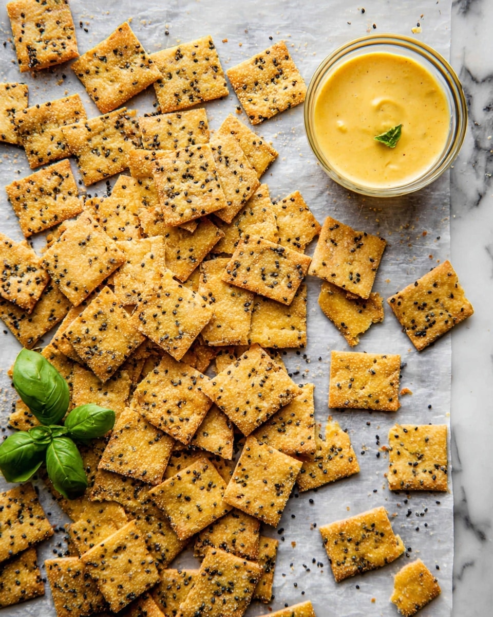 The image shows many small square crackers spread out on a sheet of parchment paper over a white marbled surface. The crackers are golden brown with a slightly rough texture and are topped with small black and white seeds. Some crackers are whole while others are broken into pieces. Near the top right, there is a small clear glass bowl filled with smooth, light yellow dip. On the bottom left area, there are a few fresh green basil leaves placed next to some crackers, adding a pop of bright color. Photo taken with an iphone --ar 4:5 --v 7