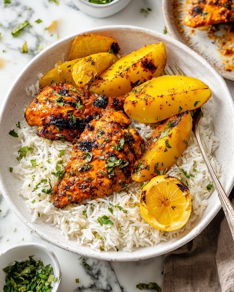 A white bowl filled with a base layer of fluffy, white rice scattered with small green herb pieces. On top, two pieces of grilled chicken with a golden-brown, slightly charred surface coated with a reddish-orange sauce speckled with herbs. Next to the chicken, there are several thick yellow potato wedges, also grilled with some dark char marks and sprinkled with herbs. A bright yellow lemon wedge sits on the rice near the chicken. A silver fork rests on the left side inside the bowl. The bowl sits on a white marbled surface, with some small green herb pieces around it, and a small white bowl of chopped green herbs is partially visible at the bottom left corner. Photo taken with an iphone --ar 4:5 --v 7