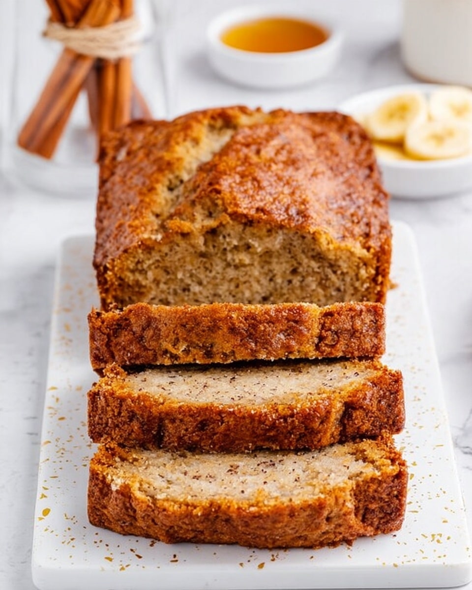 A loaf of banana bread is shown sliced on a white rectangular plate with a subtle gold speckled pattern, placed on a white marbled surface. The bread has a golden brown crust with a slightly crumbly texture and a moist interior speckled with small brown bits throughout. The slices reveal a dense but soft texture with a warm light brown color, darker around the edges. In the blurred background, there are cinnamon sticks tied with twine on the left and a small white bowl of honey or syrup, along with another small white bowl of sliced bananas on the right. Photo taken with an iphone --ar 4:5 --v 7