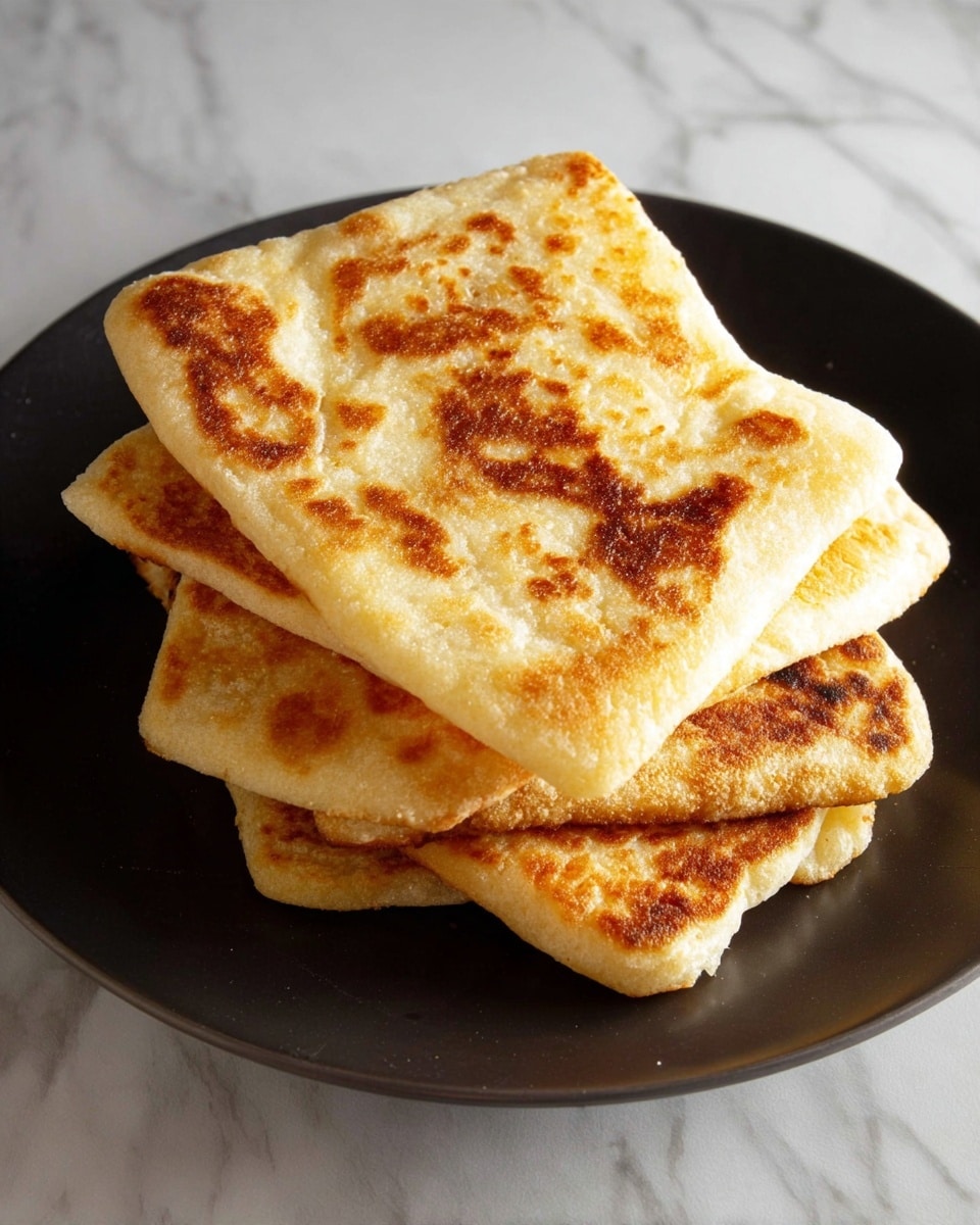 A stack of four square flatbreads with golden brown and slightly darker toasted spots is placed in the middle of a white plate. The flatbreads have a soft and slightly puffy texture with light creases and uneven edges. The plate sits on a white marbled surface with a subtle pattern. photo taken with an iphone --ar 4:5 --v 7