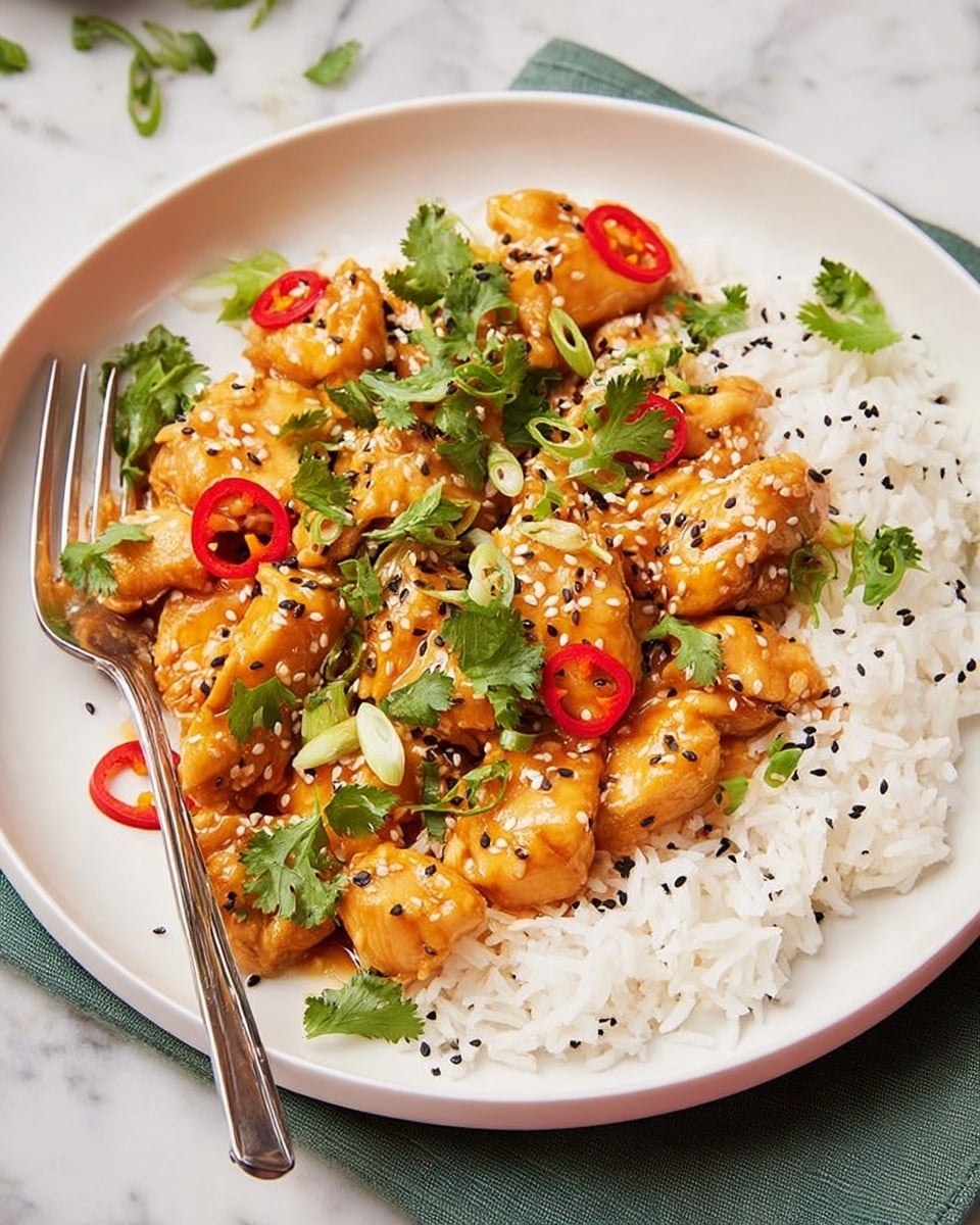 The dish shows a white round plate with two main layers: the bottom layer is white steamed rice with fluffy, separate grains filling half the plate; the top layer is orange-brown chicken pieces coated in a shiny sauce spread over the rice. The chicken is garnished with thin red chili slices, chopped light green scallions, fresh green cilantro leaves, and black and white sesame seeds scattered on top. A silver fork rests on the left edge of the plate on a green cloth, and the plate sits on a white marbled surface. photo taken with an iphone --ar 4:5 --v 7