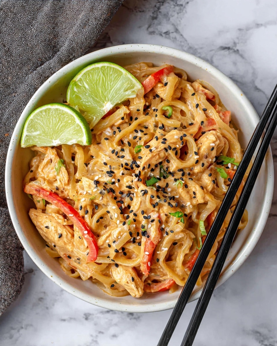 A white bowl filled with creamy noodles mixed with thin strips of orange chicken and red bell pepper slices, all coated in a light orange sauce. The surface is sprinkled with black and white sesame seeds, adding texture and contrast. Two fresh, bright green lime wedges rest on top on the left side. A pair of black chopsticks rests on the right edge of the bowl. The bowl sits on a white marbled surface with a corner of a grey cloth visible in the top left. Photo taken with an iphone --ar 4:5 --v 7