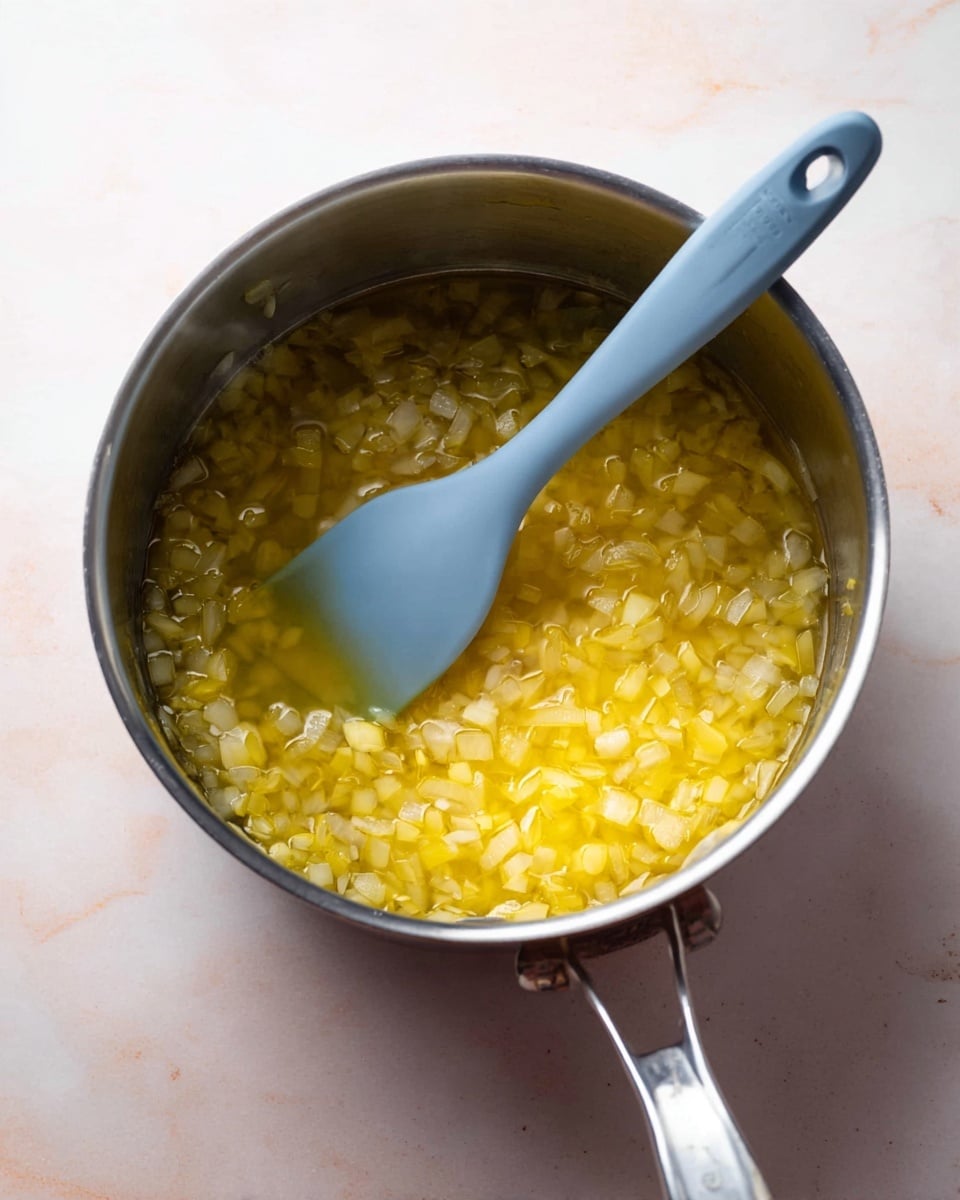 A steel pot sits on a white marbled surface, filled with small diced yellow onions cooking in a clear yellowish liquid. A soft blue silicone spatula rests partially inside the pot, spanning from the top left to the bottom right, gently stirring the mixture. The pot handle is light gray with a shiny metal end, angled toward the bottom left. Steam subtly rises, giving a warm, fresh cooking feel. photo taken with an iphone --ar 4:5 --v 7