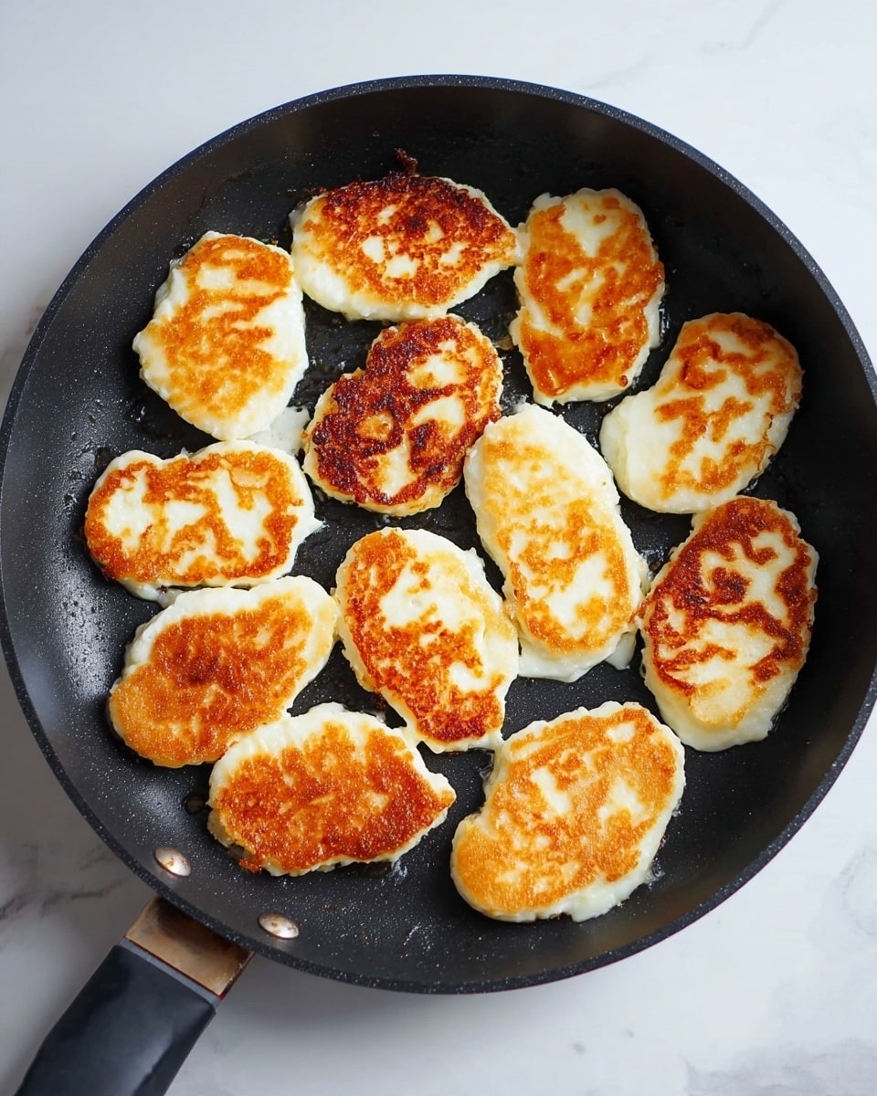 A round black pan holds twelve pieces of white cheese that are lightly fried to a golden brown on one side. Each piece is oval-shaped with some irregular edges, showing a soft white inside and a crisp brown sear on top. The pan has a black handle, and the background is a white marbled texture. photo taken with an iphone --ar 4:5 --v 7