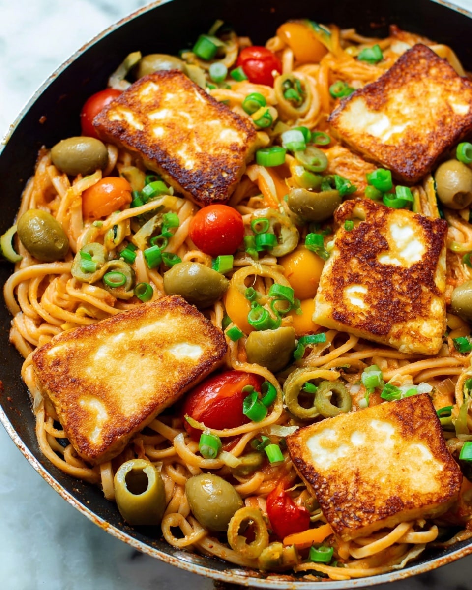 A close-up view of a black pan filled with cooked noodles twisted in a light orange sauce, mixed with sliced green olives and red chili rings scattered throughout. On top, there are five golden-brown grilled cheese slices with a crispy outer layer. Green onion pieces are sprinkled all over, adding bright green spots contrasting against the red cherry tomato halves and yellow zucchini chunks mixed in with the noodles. The pan sits on a white marbled surface. photo taken with an iphone --ar 4:5 --v 7