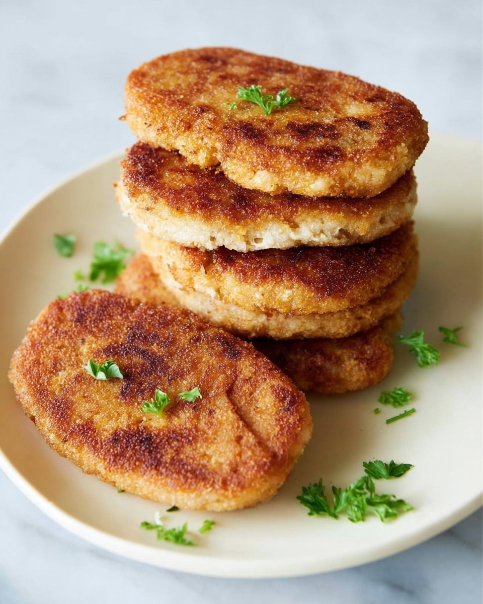 A stack of five golden brown, oval-shaped patties with a crispy texture sits on a white plate with a smooth surface. The patties have a slightly rough and crunchy outer layer with small browned spots, indicating they are cooked well. Scattered small green parsley leaves add a fresh color contrast on top of and around the patties. The background shows a white marbled texture that enhances the warm tones of the patties. photo taken with an iphone --ar 4:5 --v 7