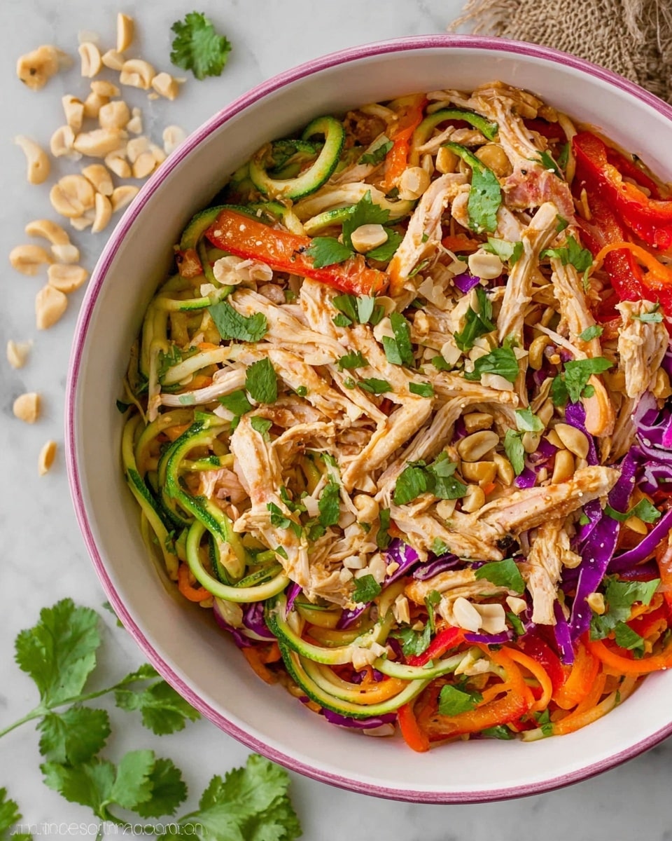 A white bowl with a pink rim full of a colorful salad showing three main layers: a bottom layer of thin spiralized pale green zucchini, a middle layer of shredded light brown chicken mixed with thin strips of bright orange carrot and red bell pepper, and a top layer of green cilantro leaves and scattered light brown peanuts. The salad has some small bits of purple cabbage within the layers, giving pops of purple color. The bowl sits on a white marbled surface with a few peanuts and cilantro leaves scattered around. Photo taken with an iphone --ar 4:5 --v 7