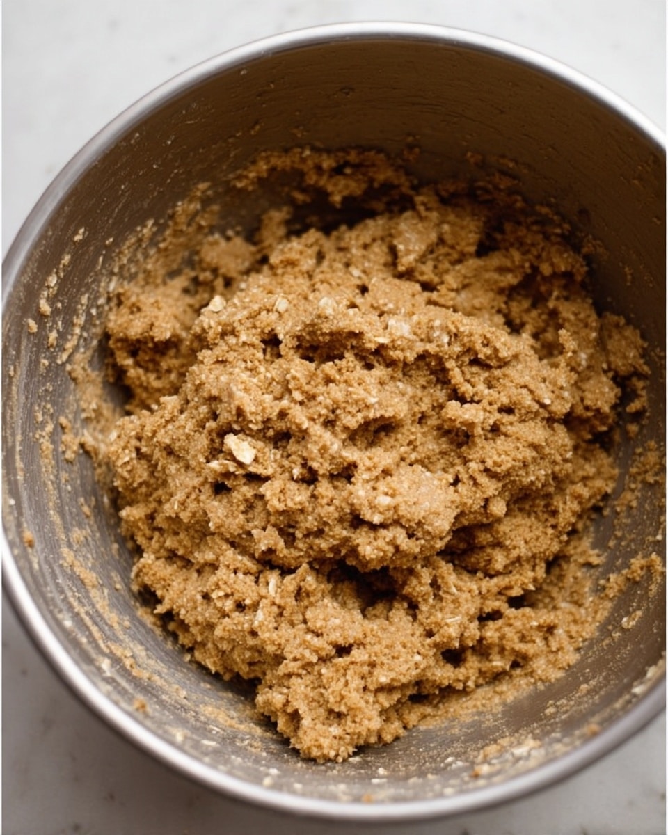 The image shows a close-up view of a bowl filled with a thick, rough mixture of light brown dough with visible oats throughout. The dough looks coarse and sticky, compactly gathered inside a metal bowl. The texture appears uneven with small lumps and bits of oats giving it a grainy look. The bowl is placed on a white marbled surface. Photo taken with an iphone --ar 4:5 --v 7