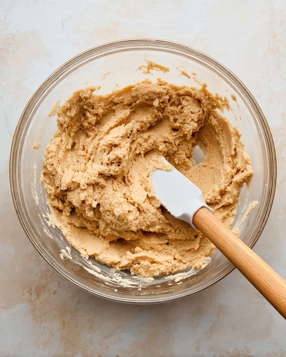 In a large clear glass bowl placed on a white marbled surface, there is a thick, light brown dough mixture with a slightly rough texture. A spatula with a white head and a wooden handle is partly buried in the dough, resting near the center of the bowl. The mixture fills most of the bowl, showing small air pockets and unevenness, suggesting a soft and dense consistency. photo taken with an iphone --ar 4:5 --v 7