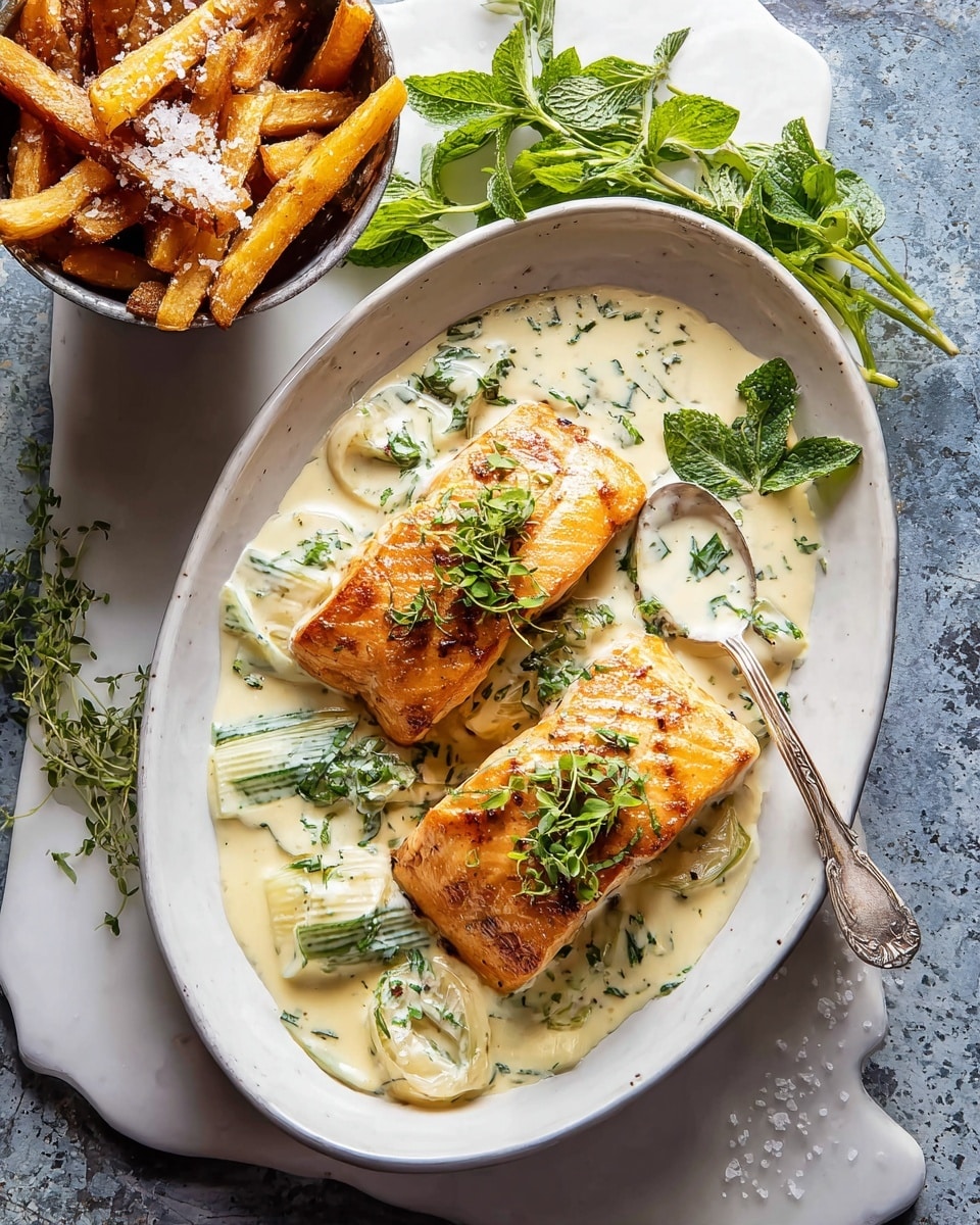 Two pieces of light orange cooked fish sit side by side on a white oval plate, each piece topped with small green herb leaves. Underneath and around the fish is a creamy white sauce with slices of light green vegetables mostly covered by the sauce. A silver spoon rests on the plate's edge, holding some sauce and small herb leaves. Around the plate are fresh green herbs and a bowl of golden brown fried potato sticks sprinkled with salt, all set on a white marbled surface. photo taken with an iphone --ar 4:5 --v 7
