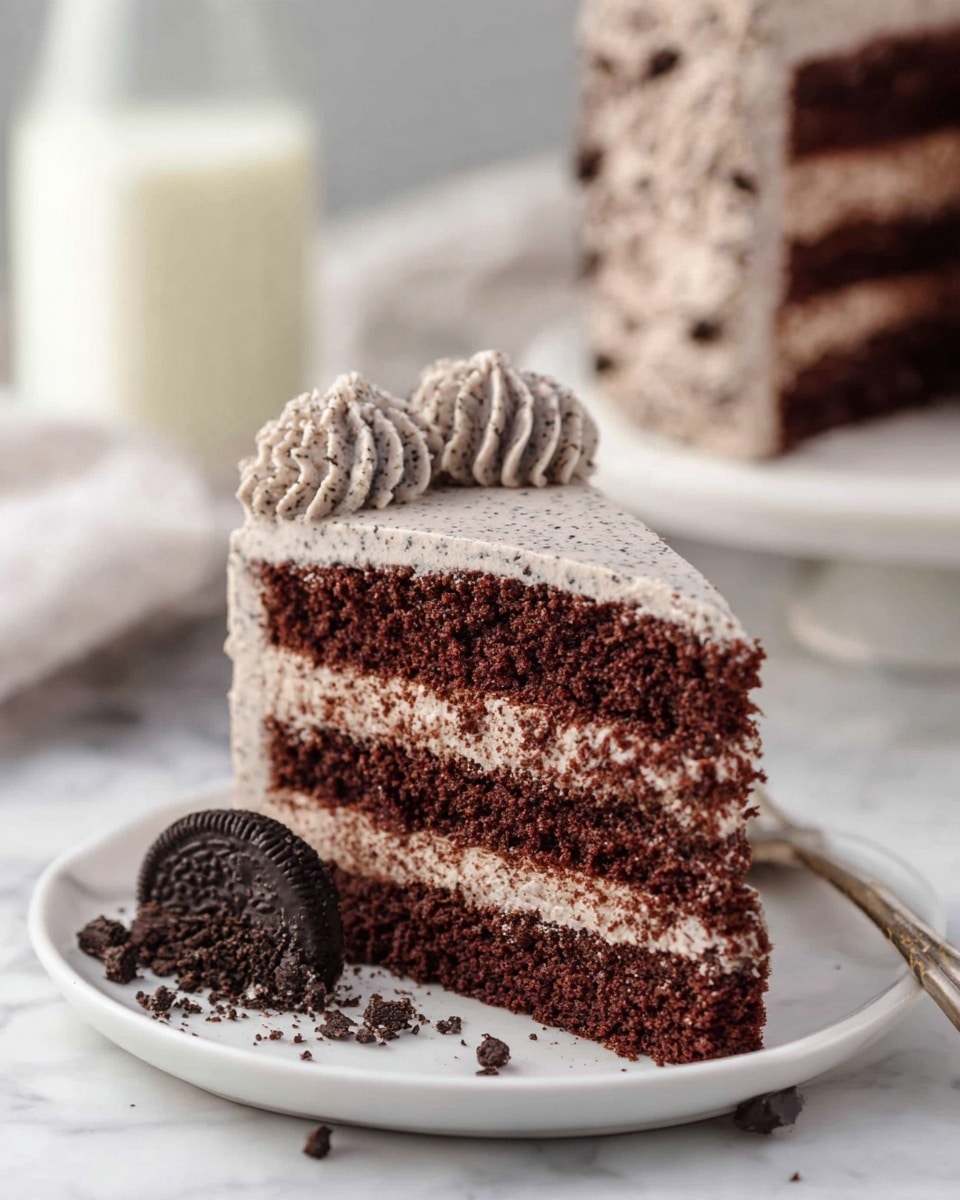 A slice of dark brown chocolate cake with three visible layers of light gray cream with small dark specks is placed on a white plate on a white marbled surface. The cake slice is topped with textured swirls of the same light gray cream around the bottom edge, and a whole sandwich cookie with cream filling is partially embedded in the frosting near the base. Crumbs and small pieces of chocolate are scattered on the plate around the slice. In the background, there is a blurred white plate holding the rest of the whole cake, which is covered in the same speckled light gray cream frosting, and a glass bottle filled with milk. photo taken with an iphone --ar 4:5 --v 7