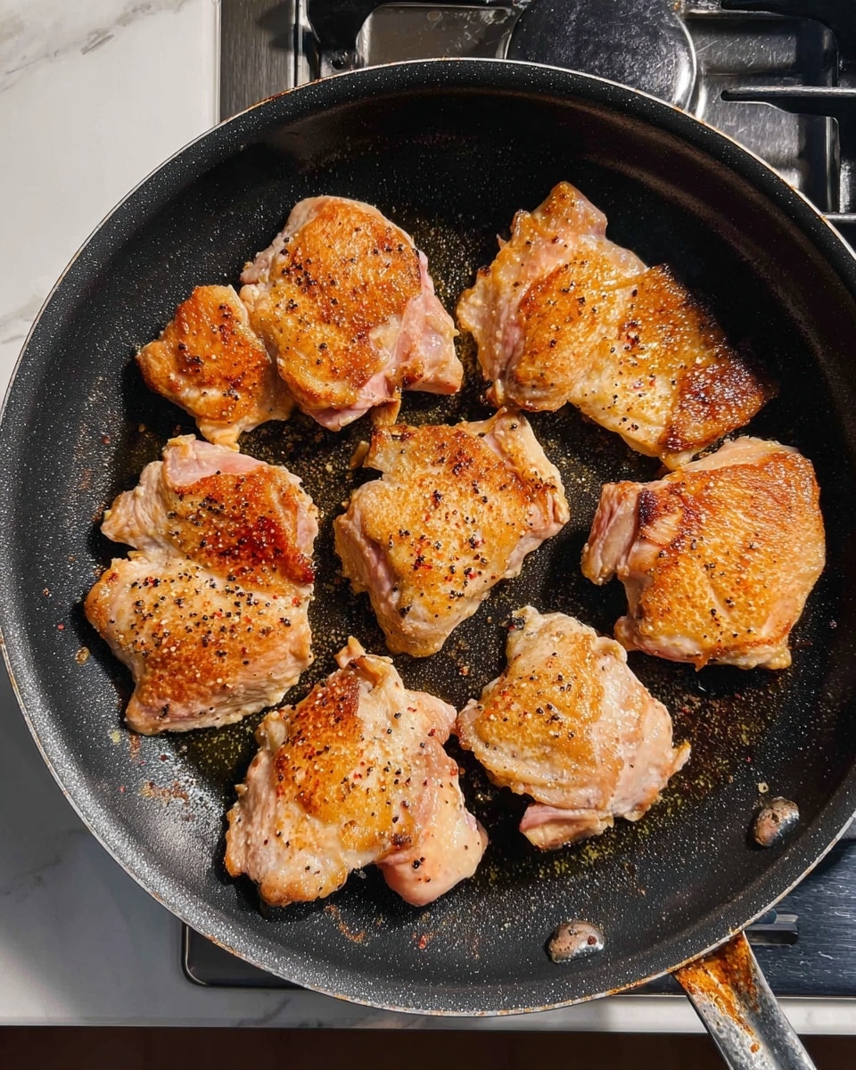 A black frying pan shows seven pieces of cooked chicken thighs arranged evenly across the surface, each piece with a golden brown color and a lightly crisped texture on top. The chicken is sprinkled with small black pepper flakes, and the edges of the pieces show a slight caramelized crust. The pan sits on a gas stove, with some oil glistening slightly around the chicken, and the marbled white counter is partly visible on the left side. The whole scene looks like it is captured in natural light. photo taken with an iphone --ar 4:5 --v 7