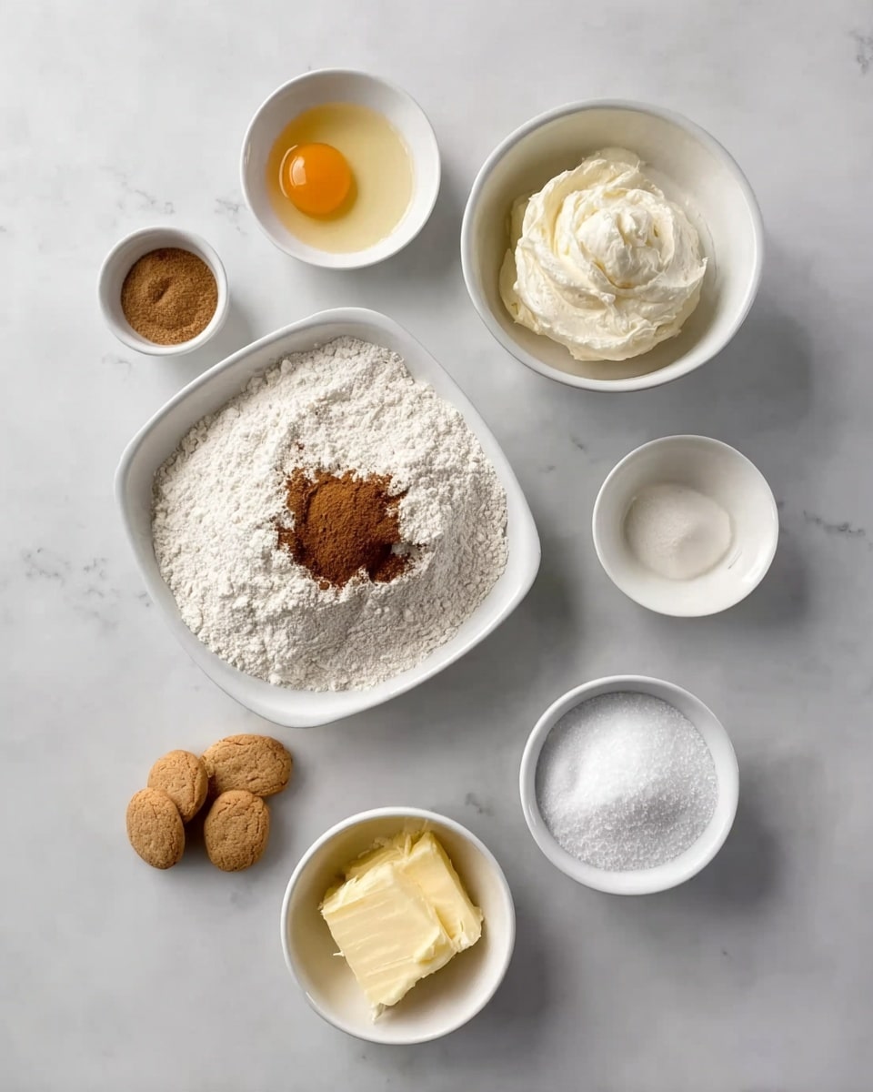 The image shows seven white bowls arranged neatly on a white marbled surface. At the center is a square white bowl filled with white flour with a small pile of brown cinnamon in the middle. To the top right, a round white bowl contains soft cream cheese or a similar white creamy ingredient. Below this, a small round white bowl with a single egg yolk rests. To the far right, a tiny round white bowl holds white powdered sugar. At the bottom center, a round white bowl contains yellow softened butter. To the bottom left, a small round white bowl with brown sugar and two small light brown cookies or biscuits sit side by side. Finally, at the bottom left corner, a slightly larger round white bowl has a mix of white sugar and a small amount of brown cinnamon. All items are neatly arranged, showing each ingredient clearly. Photo taken with an iphone --ar 4:5 --v 7