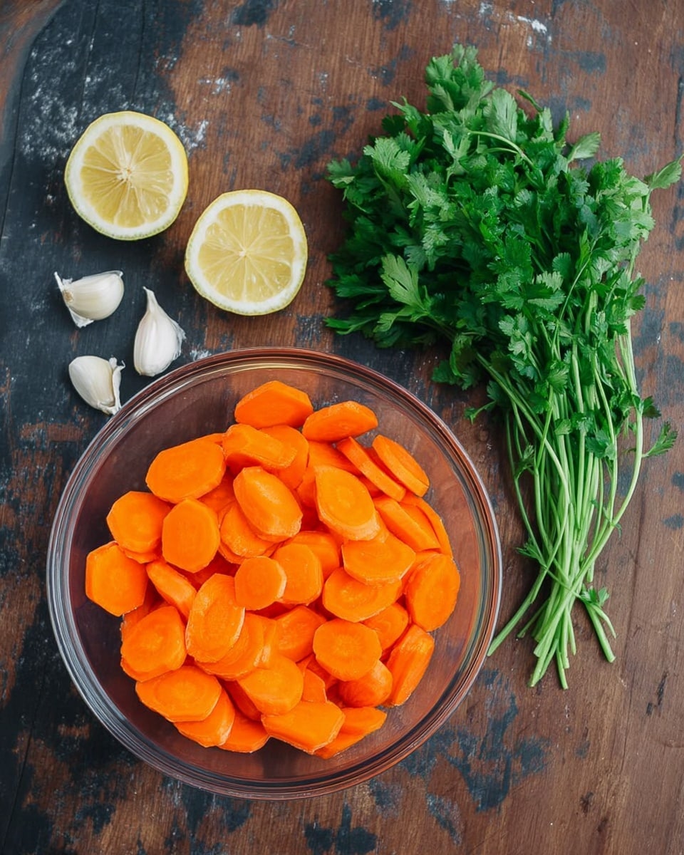 A clear round bowl filled with bright orange carrot slices, cut thick and placed inside the bowl, sitting on a worn dark wooden surface. To the right side of the bowl, there is a fresh bunch of green cilantro with long stems and leafy tops, and above it, two lemon halves showing their pale yellow insides alongside two whole cloves of garlic with their white skin. The background is a white marbled texture. photo taken with an iphone --ar 4:5 --v 7