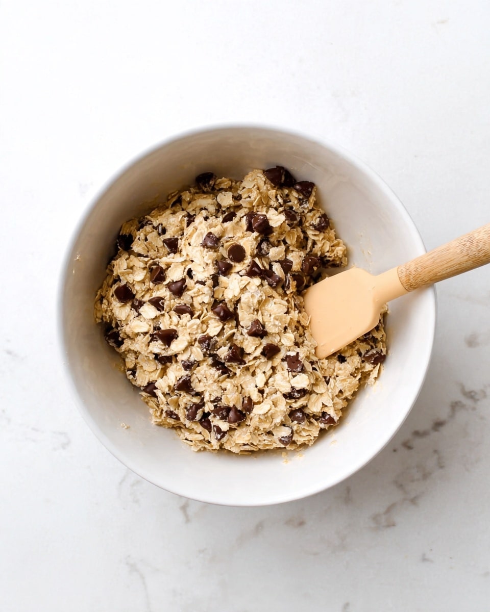 A white bowl filled with a chunky mixture of light golden oats and many dark brown chocolate chips mixed evenly throughout. A light peach-colored silicone spatula rests inside the bowl on the right side, partially covered by the oat mixture. The bowl sits on a white marbled surface, and the overall look is simple and clean with the focus on the textured oat and chocolate chip mix. photo taken with an iphone --ar 4:5 --v 7