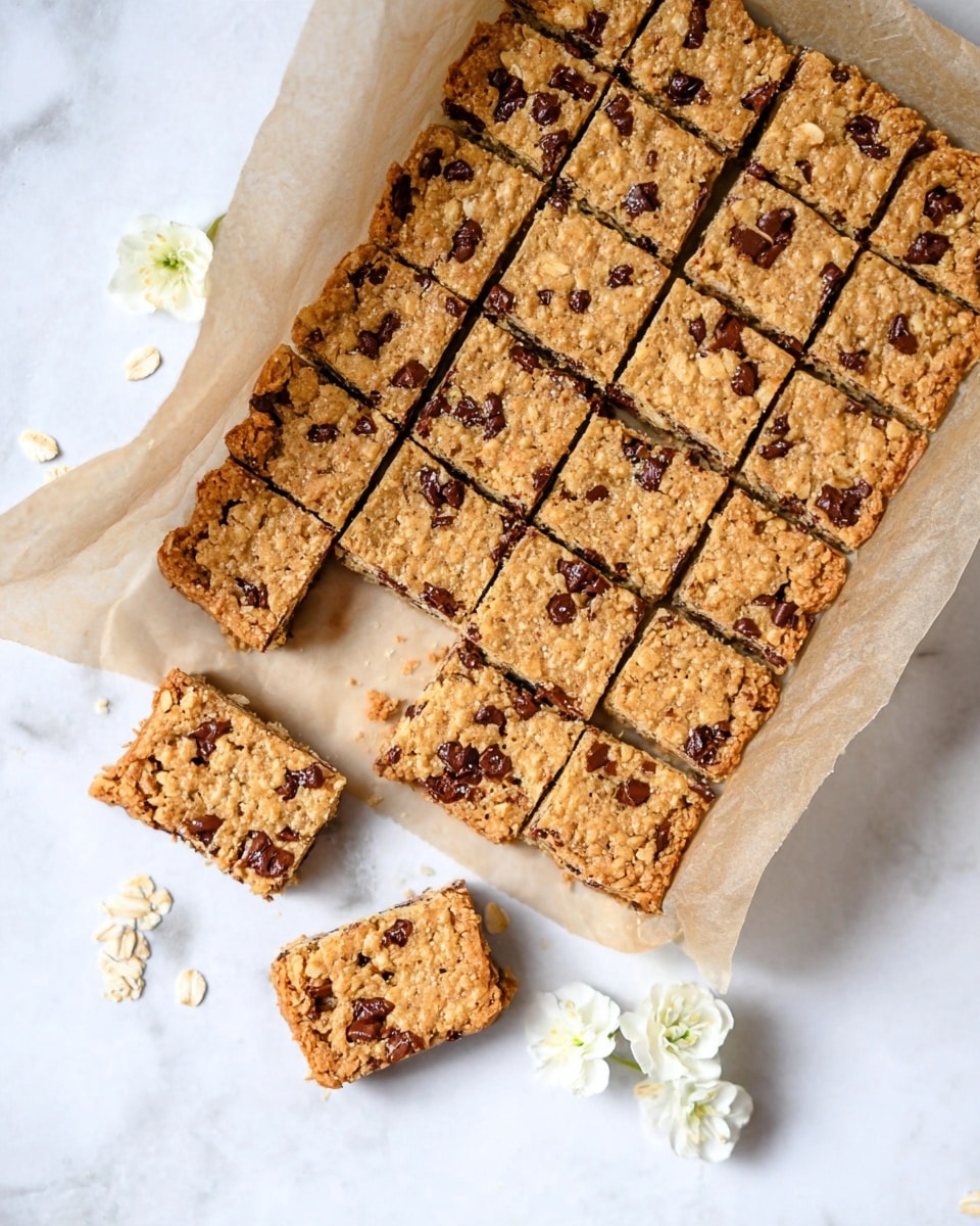 The image shows a large rectangular tray of golden brown oat and chocolate chip bars, resting on a piece of light parchment paper on a white marbled surface. The bars are cut into even small squares with visible chocolate chips and oat pieces scattered throughout the soft-textured top layer. A few bars are separated from the main tray, showing the thickness of one single layer. There are delicate white flower petals around the tray, adding a soft touch to the image. Photo taken with an iphone --ar 4:5 --v 7