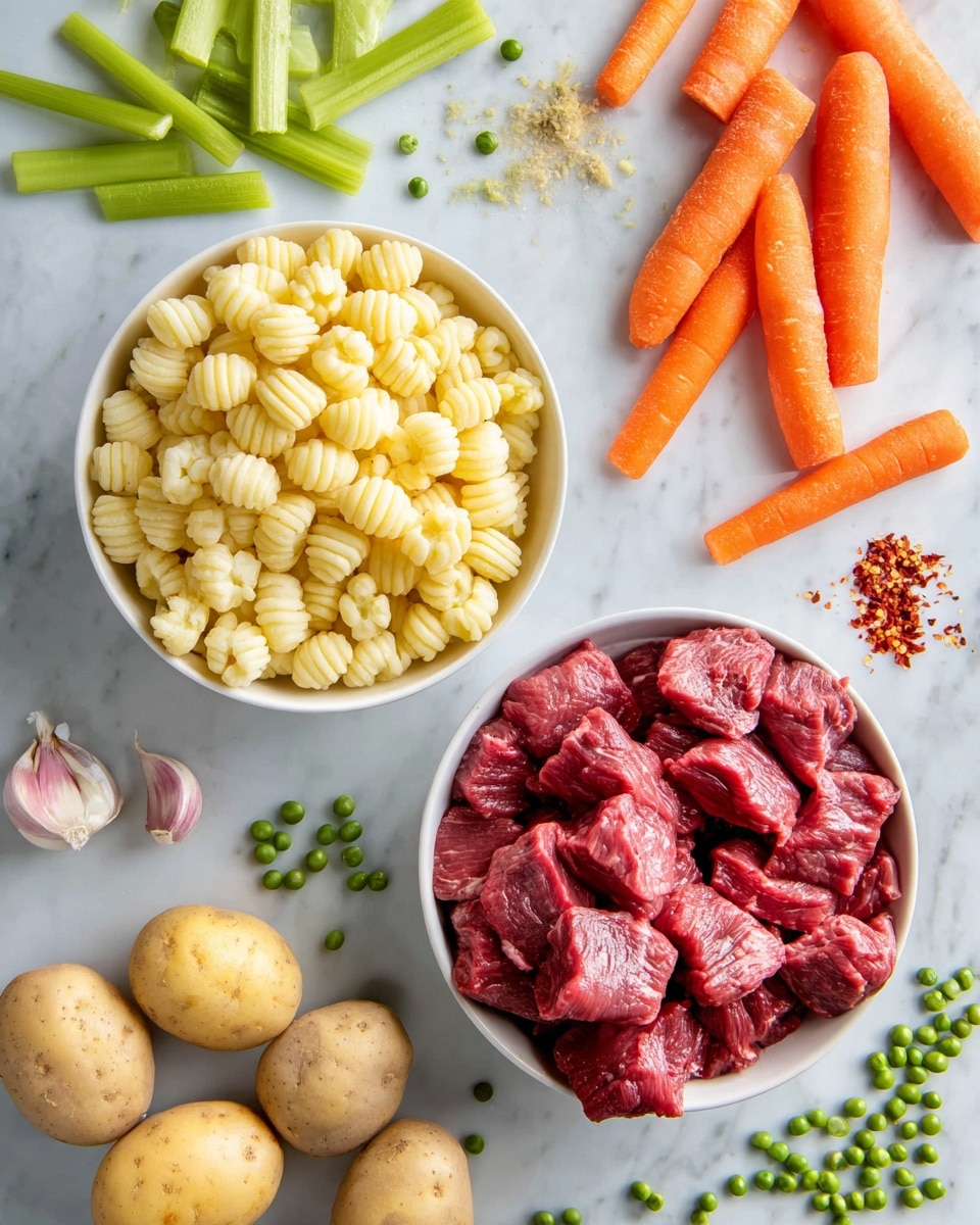 The image shows a variety of fresh ingredients on a white marbled surface. On the right side, a white bowl is filled with raw, bright red beef pieces, showing a rich texture with some fat and muscle fibers visible. Below it, another white bowl holds a large amount of uncooked, pale yellow gnocchi with a ridged texture, neatly piled. Around the bowls, there are several fresh vegetables scattered: bright orange baby carrots on the bottom right, light green celery sticks on the top left, small green peas spread near the bottom left, and several round, light brown potatoes at the bottom left. Small garlic cloves with light purple and white skin lie near the bottom right, and a small pile of red chili flakes rests near the celery. The whole setting is on a clean white marbled surface. Photo taken with an iphone --ar 4:5 --v 7