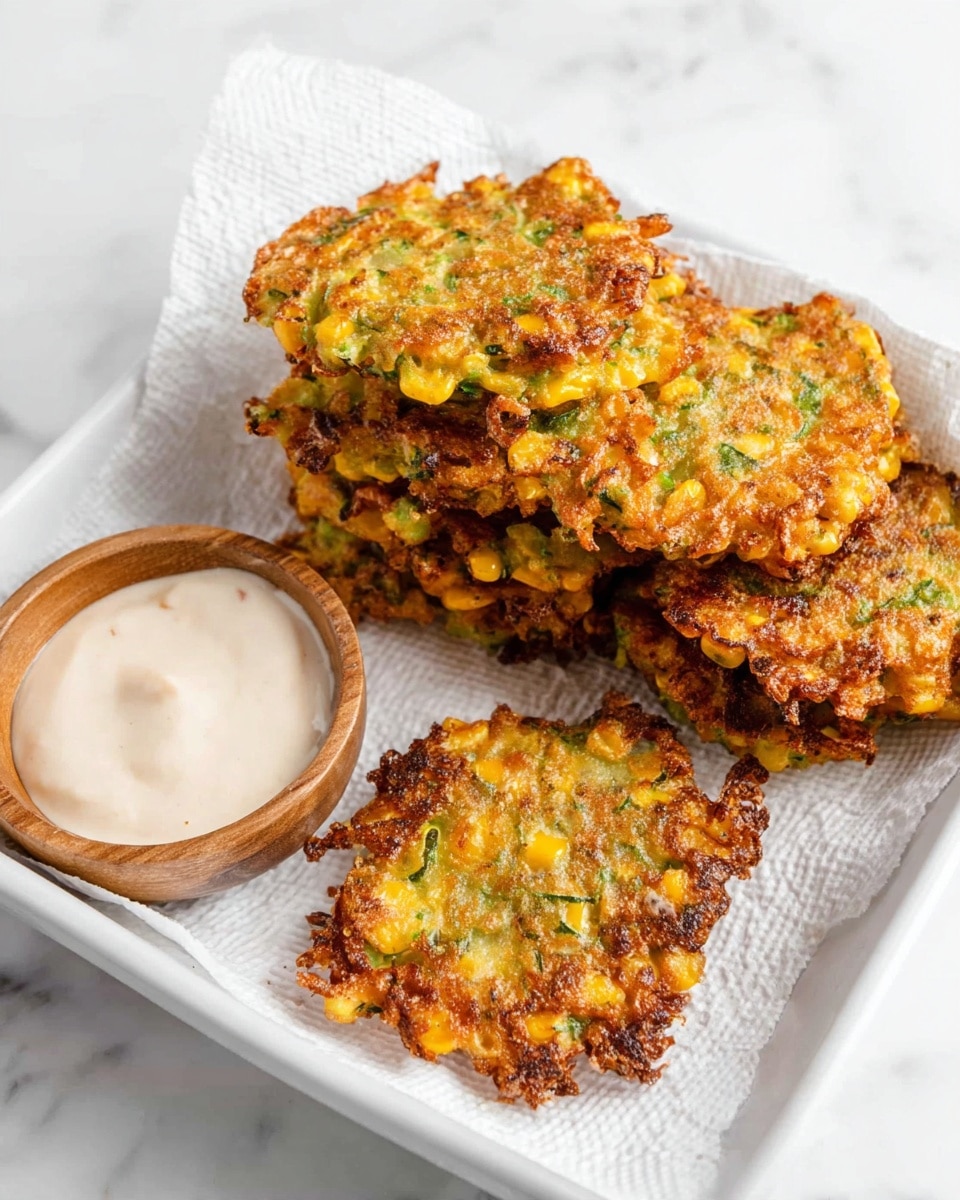 Five golden brown fritters with bits of green and yellow vegetables are stacked loosely on white paper towels inside a white tray. The fritters have a rough, crispy texture with visible pieces of corn and green herbs. On the left side of the tray, there is a small wooden bowl filled with a smooth, light cream-colored dipping sauce. The tray sits on a white marbled surface. photo taken with an iphone --ar 4:5 --v 7