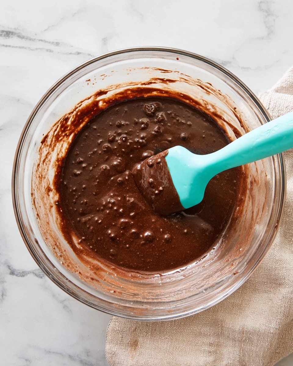 A clear glass bowl sits on a white marbled surface with a beige cloth next to it. Inside the bowl is a thick, dark brown chocolate batter with small air bubbles on the surface, giving it a slightly textured look. A turquoise spatula is dipped into the batter from the right side, lifting some of the batter, showing its smooth yet lumpy consistency. The bowl’s inner sides have streaks of chocolate batter clinging to them, adding to the rich, homemade feel. photo taken with an iphone --ar 4:5 --v 7